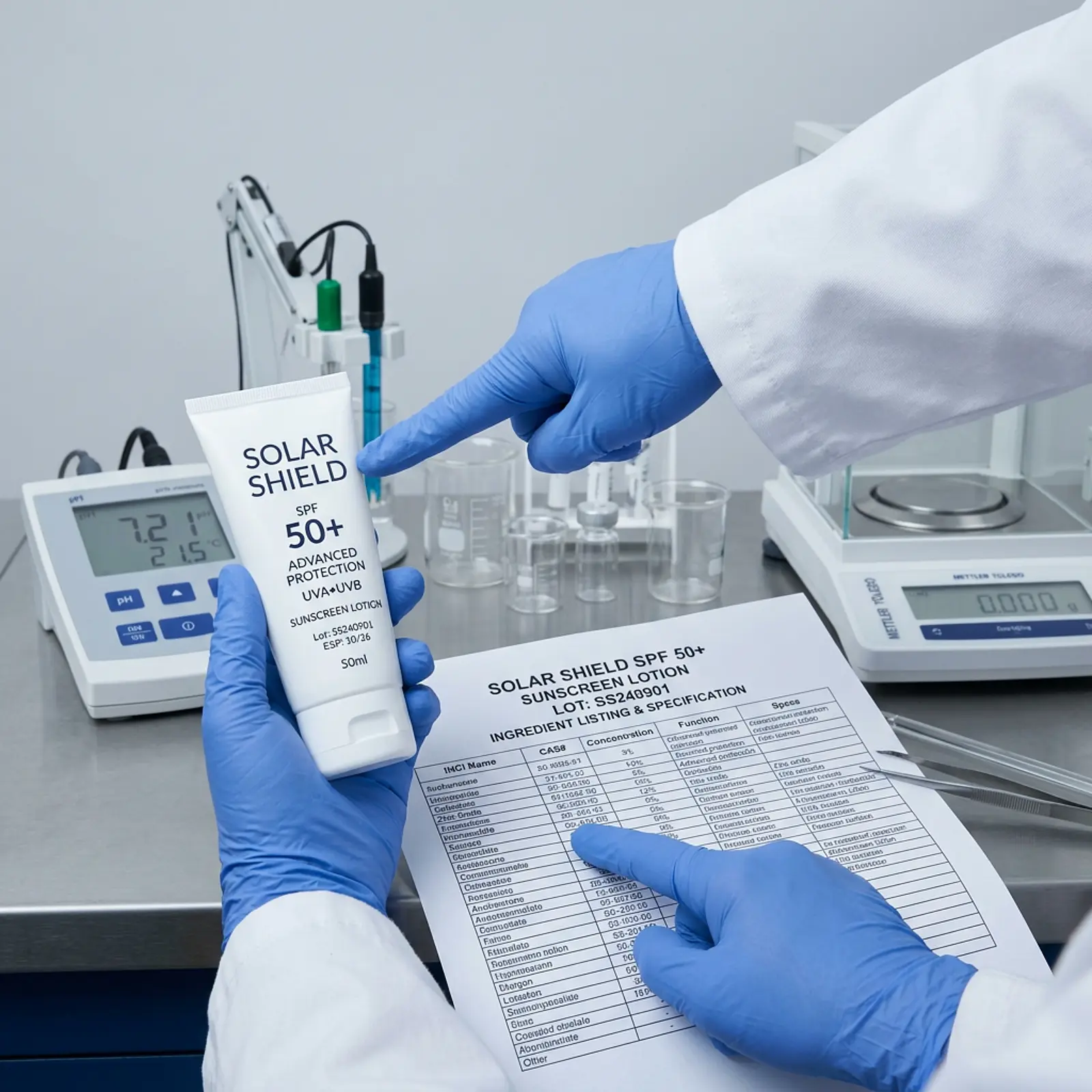 Product developer comparing sunscreen containers with the ingredient list at a desk.