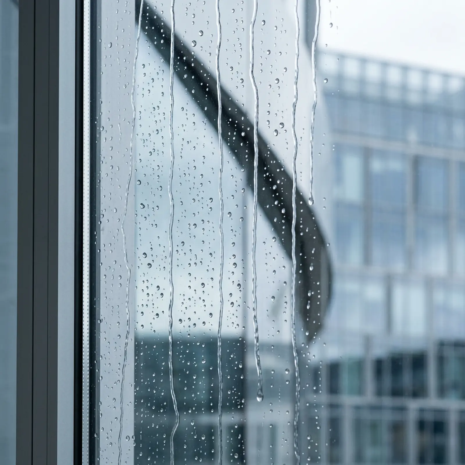 Close-up of self-cleaning glass facade with water droplets beading and running off in studio light