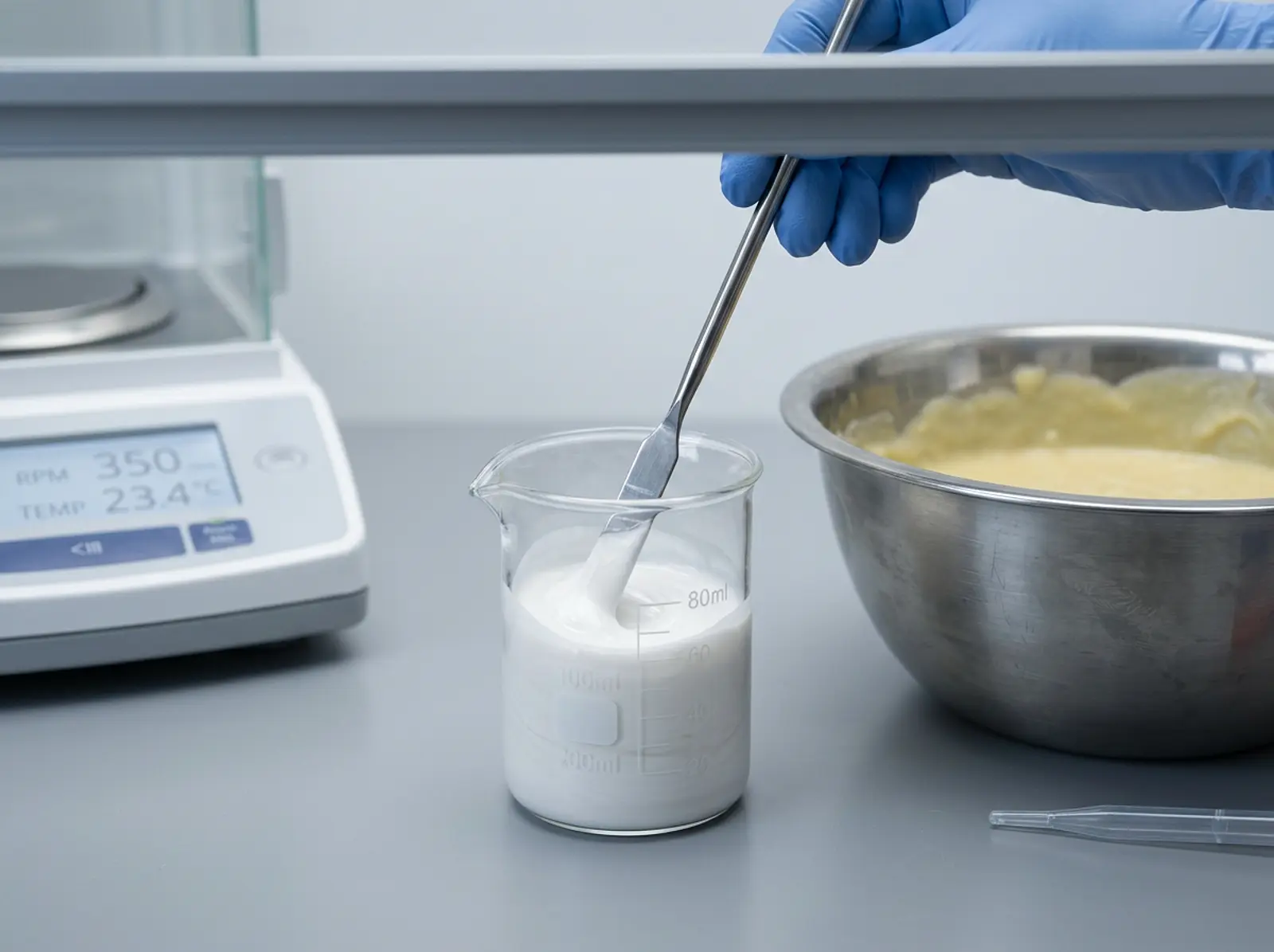 A small batch of titanium dioxide slurry being stirred with a spatula before being poured into a larger soap mixture.