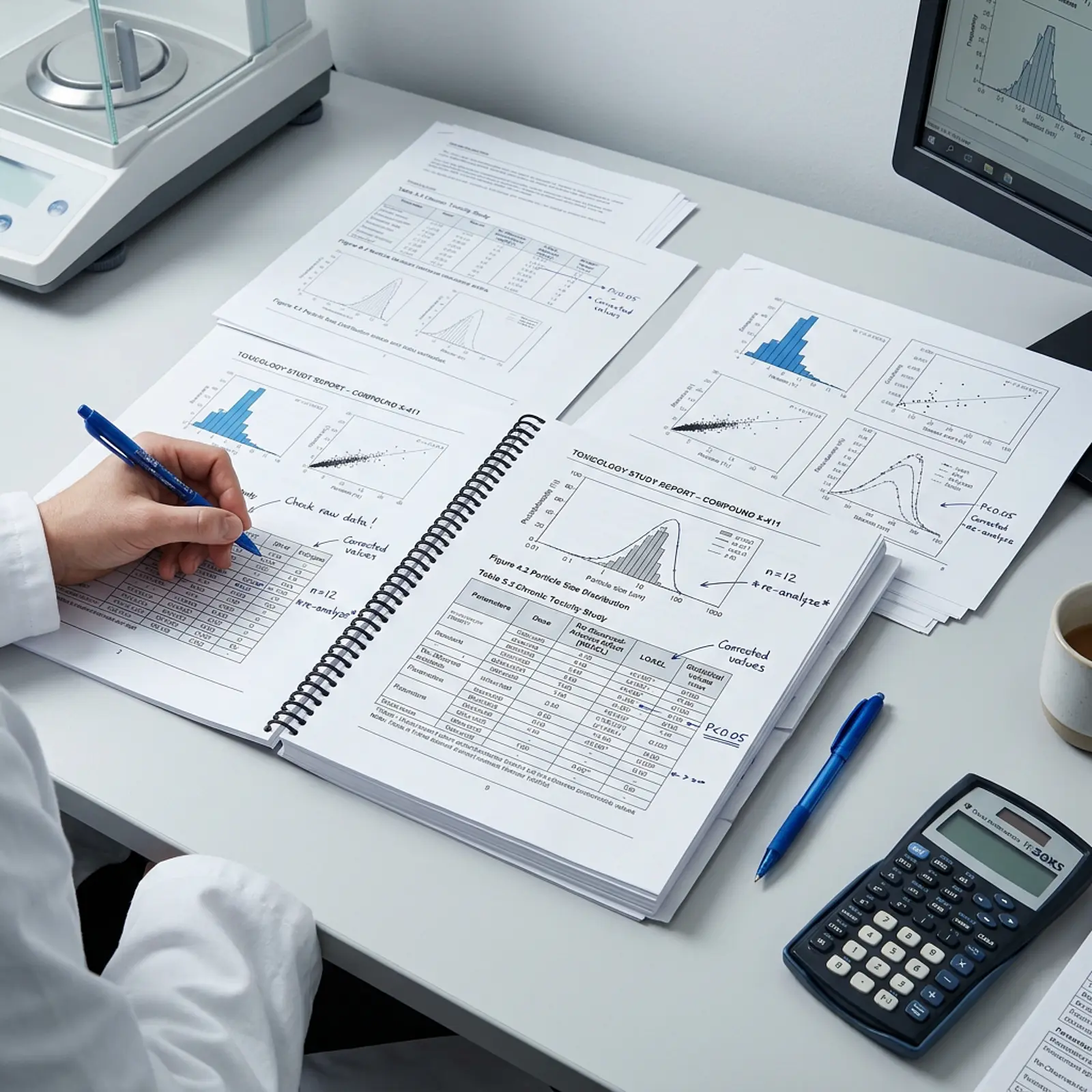 Regulatory scientist reviewing a dossier, particle data, charts and tables at a table.
