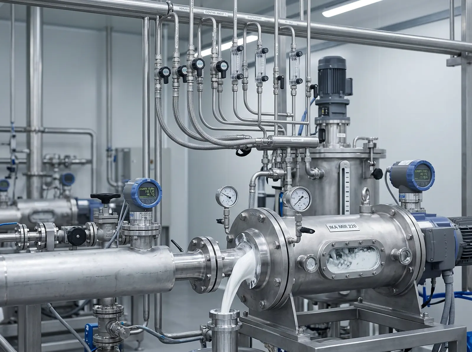 Macro studio shot of TiO₂ coating equipment with white pigment slurry and chemical dosing lines