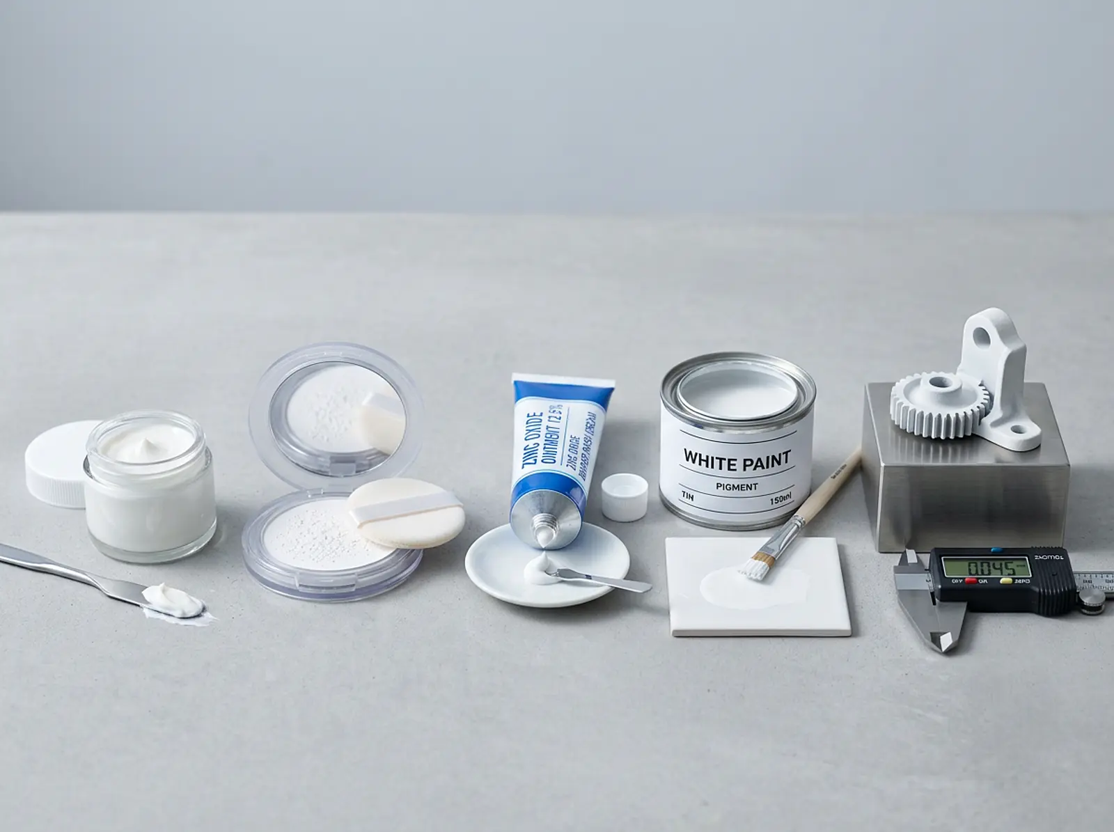 Macro studio shot: cosmetic products and components - sunscreen, powder, white paint, ceramic parts.