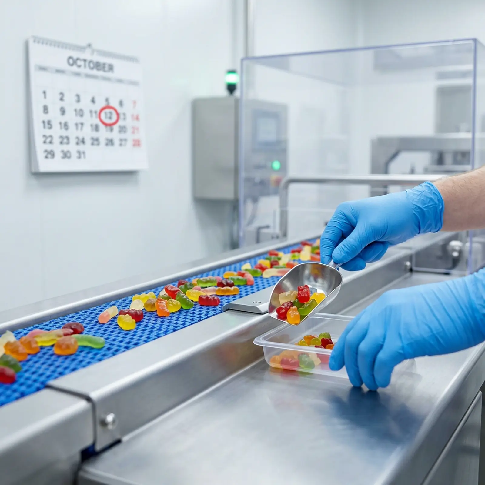Factory worker inspecting confectionery on a conveyor beside a red-circled calendar.