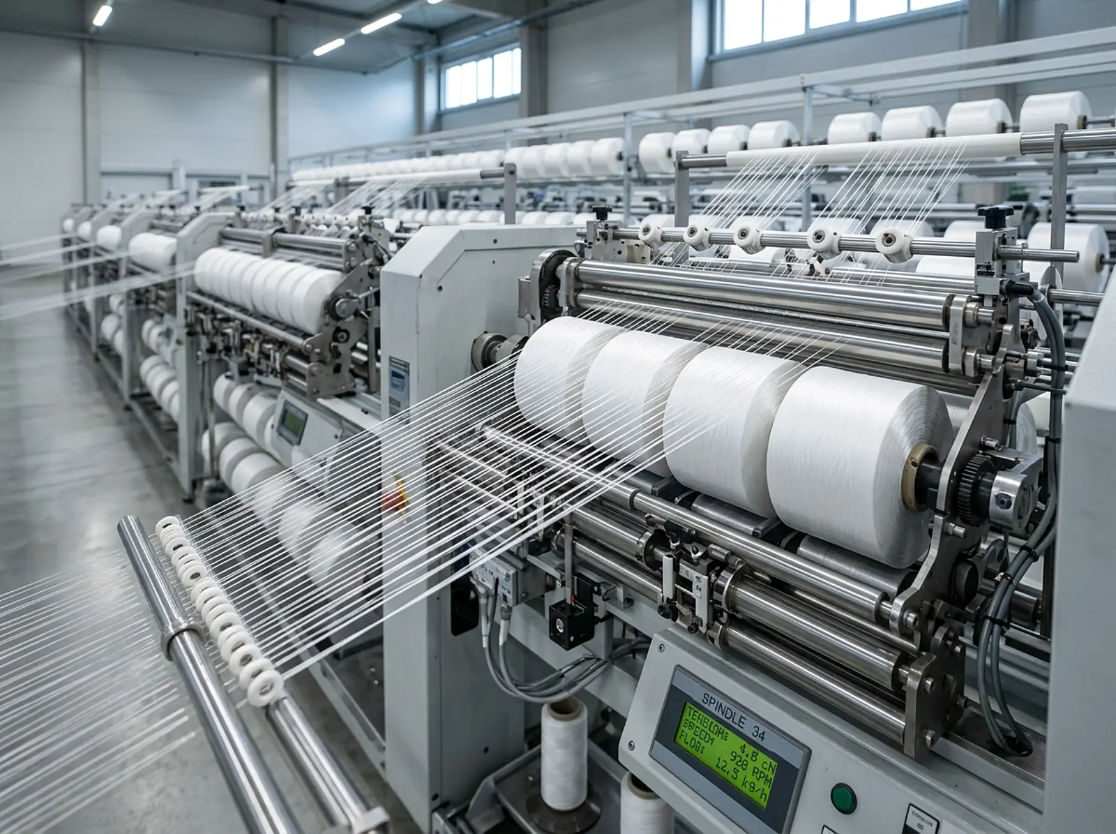 Rows of white synthetic fiber spools on industrial textile spinning frames with parallel filaments