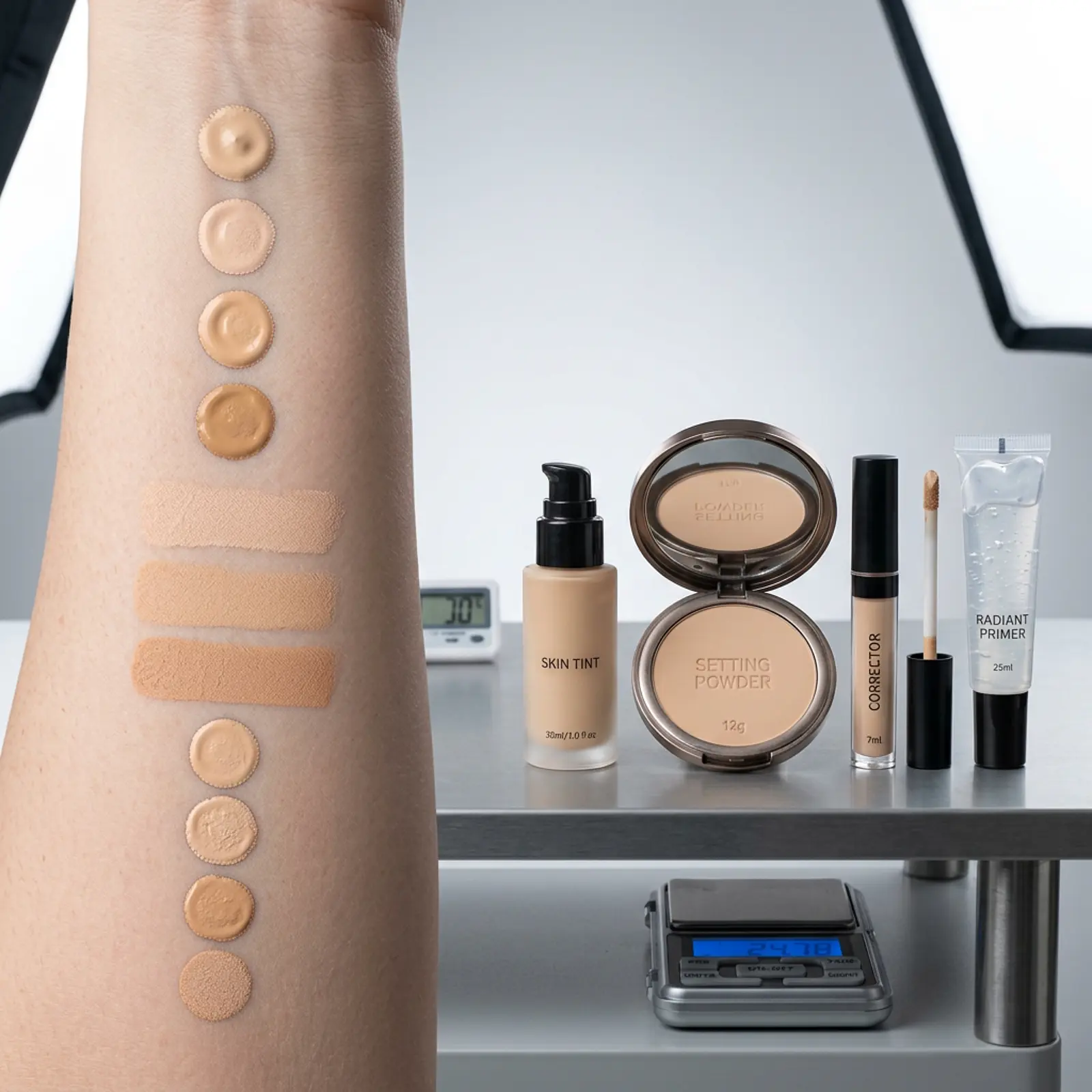 Macro shot of foundation, powder, concealer and primer with skin tones on skin, clinical and cool