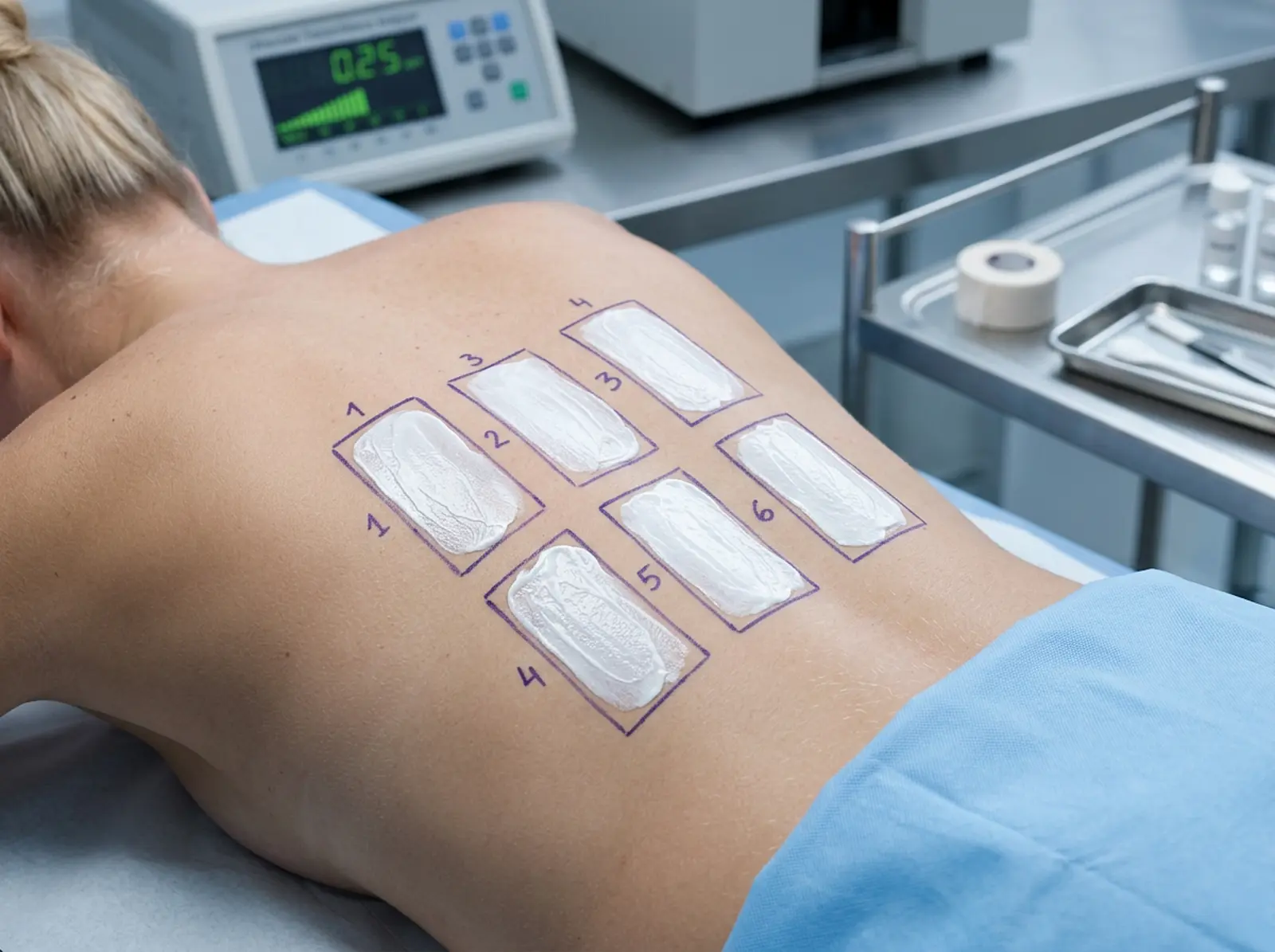 Studio shot of an SPF test: sunscreen on marked back skin of a test subject, macro detail