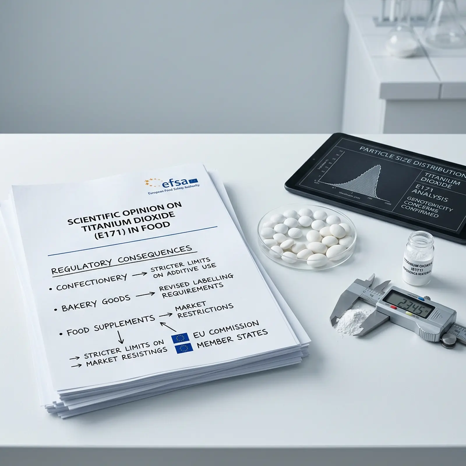 Macro shot of food samples with white coating next to a scientific opinion document.