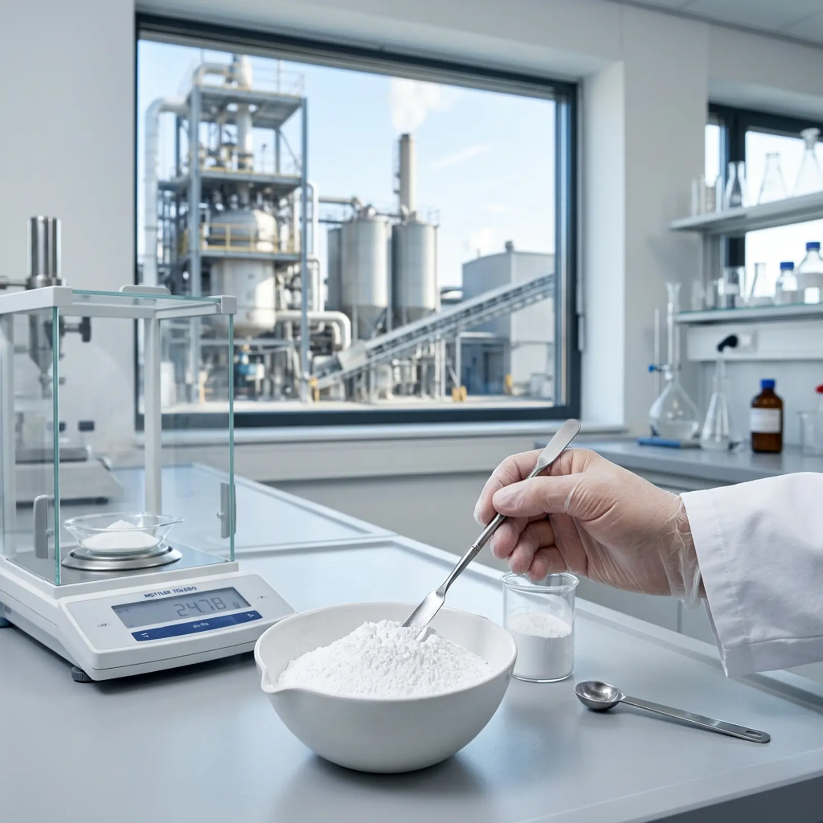 White titanium dioxide powder in a clean studio with an industrial pigment plant in the background.