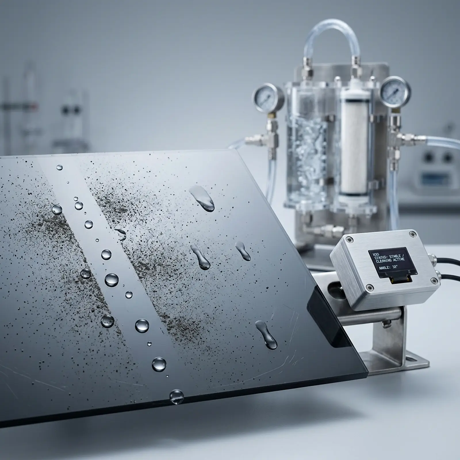 Macro of glossy surface with self-cleaning on contaminants; sensor panel and water-treatment module
