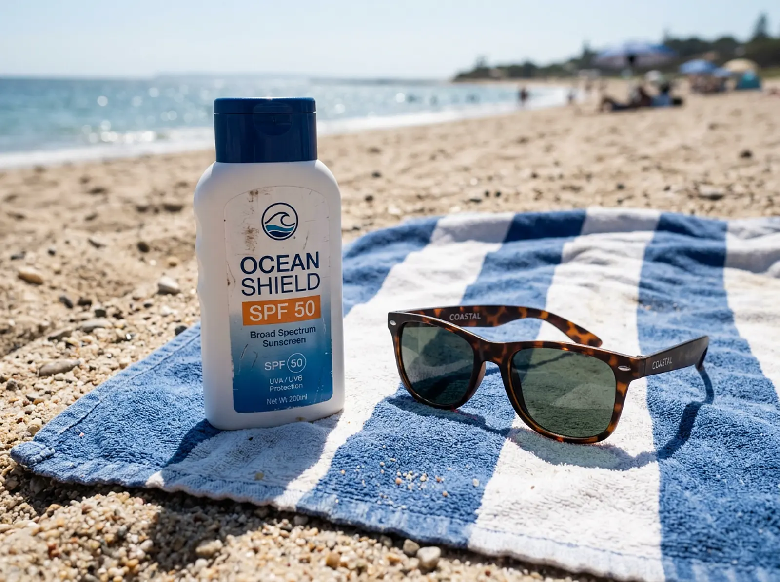 Sunscreen bottle and sunglasses on a towel in direct sunlight