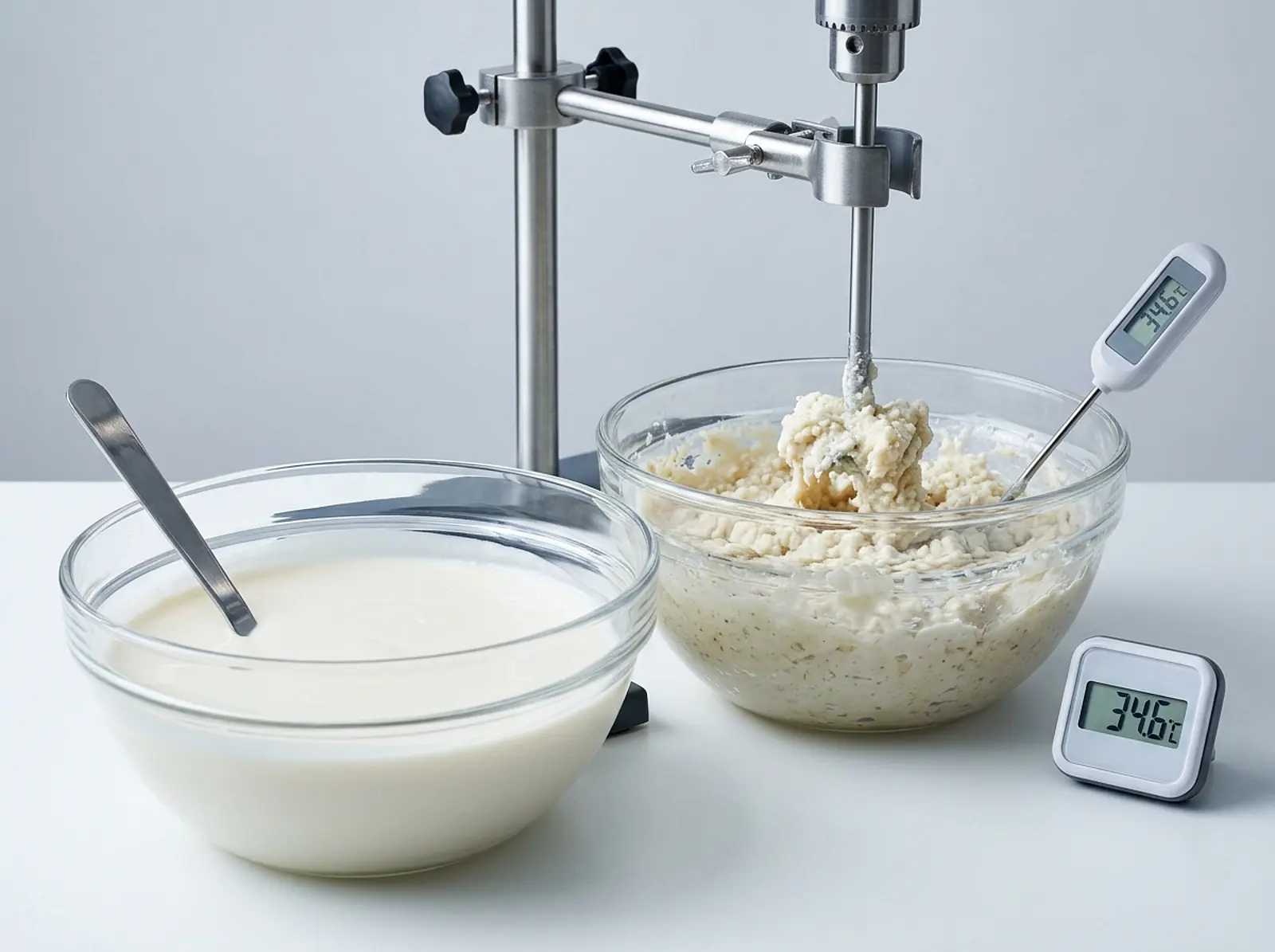Studio shot: cold-process soap batter in bowls, a smooth white portion, texture flaws from stirring