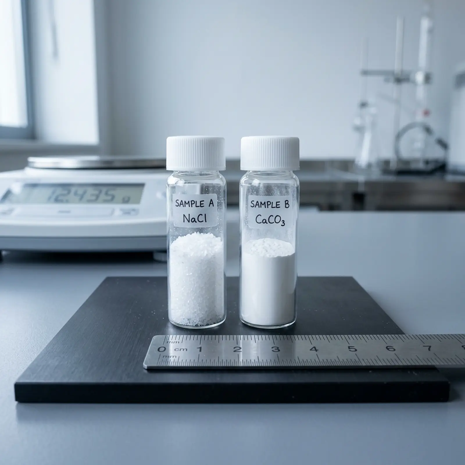 Two glass laboratory vials with white powder on a dark mat with a ruler in a studio, macro photograph