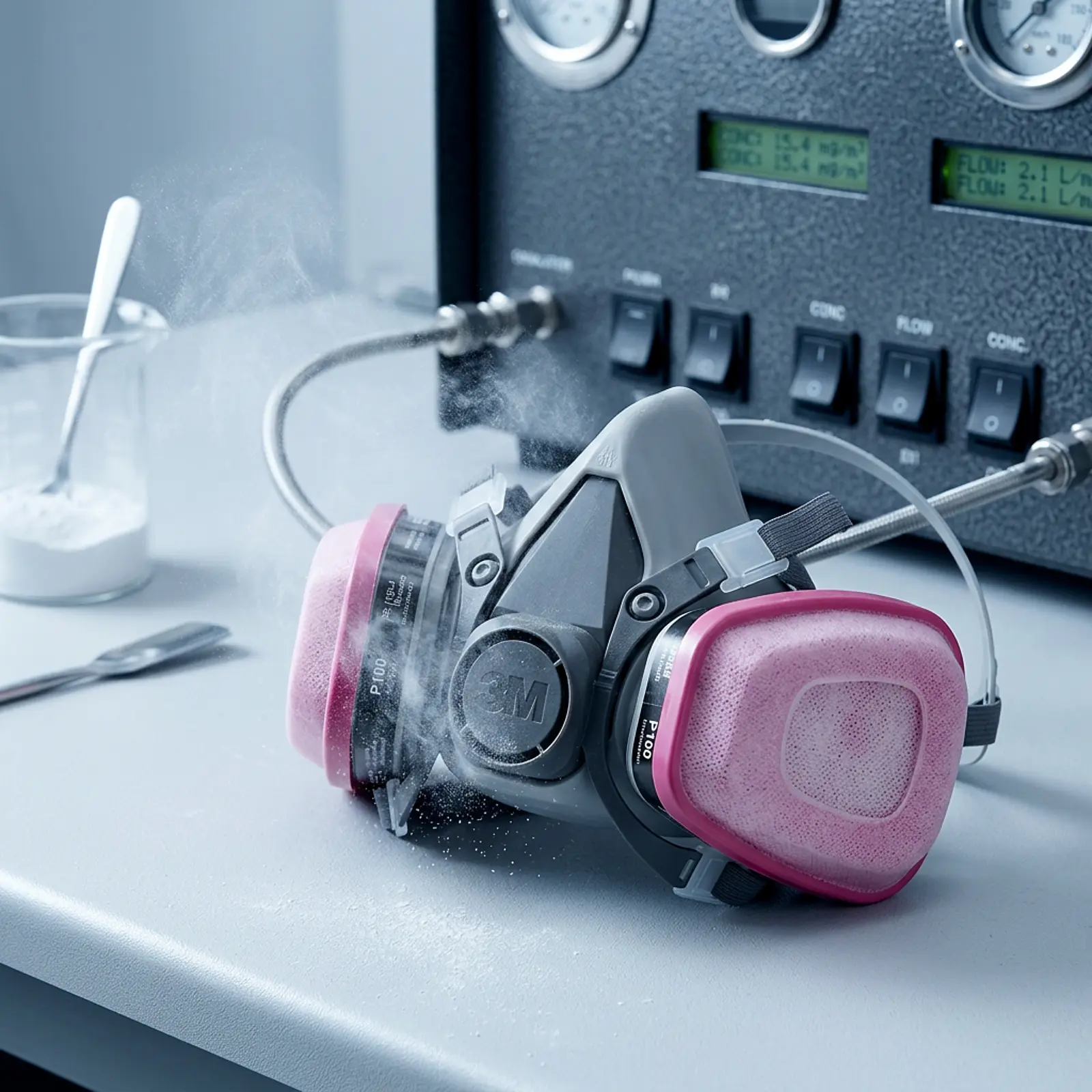 Sterile studio scene with a respirator and a cloud of fine titanium dioxide powder.