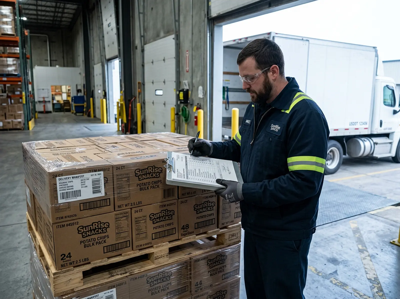 Truck driver checking a delivery manifest beside snack food pallets at a warehouse dock.