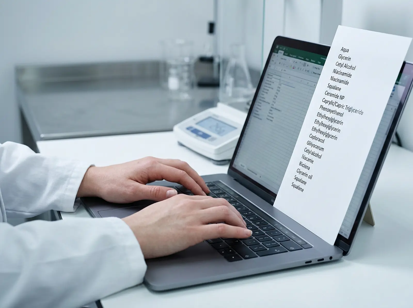 Hands typing on a laptop beside a printed cosmetic ingredient list