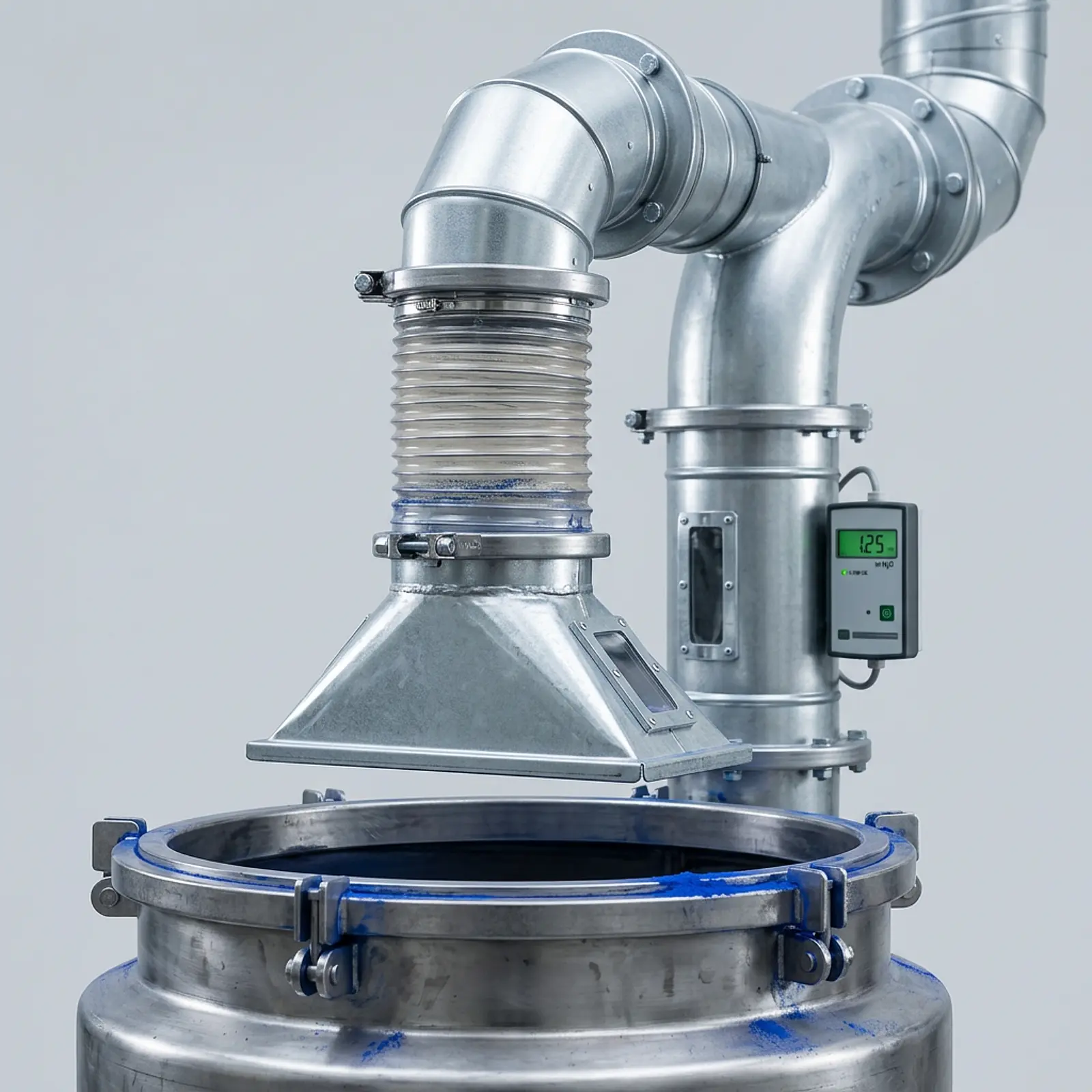 Industrial dust extraction equipment and ventilation ducts above a pigment mixing vat