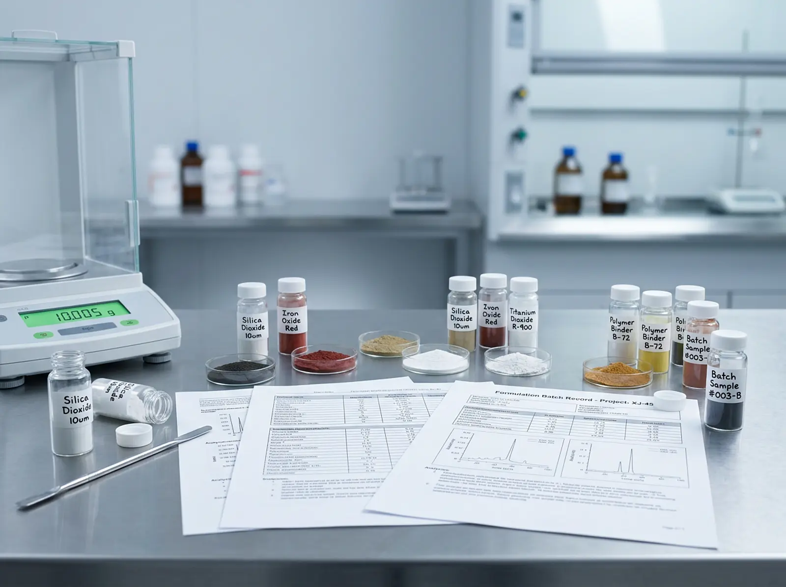 Formulation chemist reviewing lab data sheets near labeled powder samples in clean studio setup
