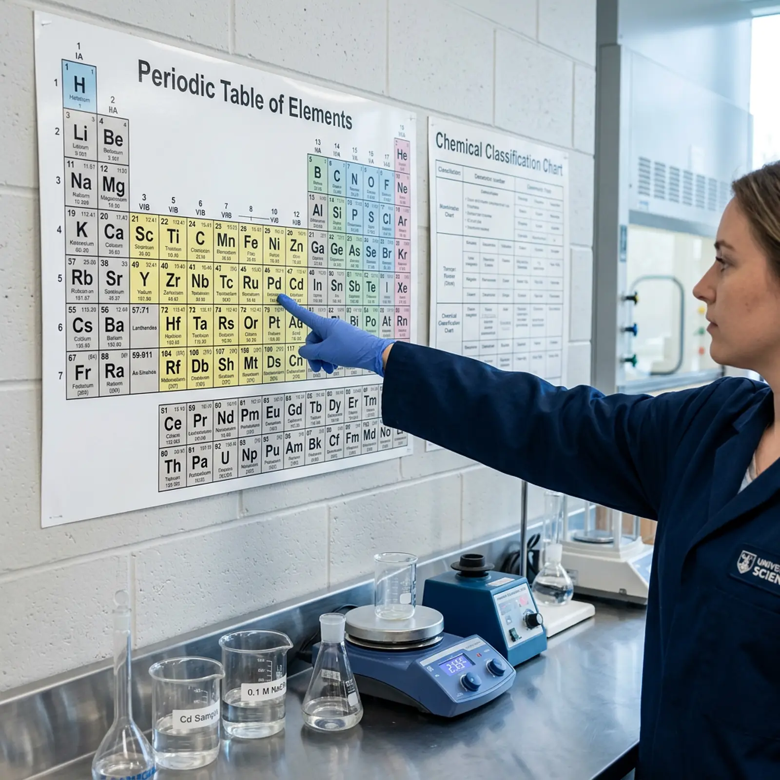 Researcher pointing at wall chart beside periodic table in clean university lab, cool studio lighting