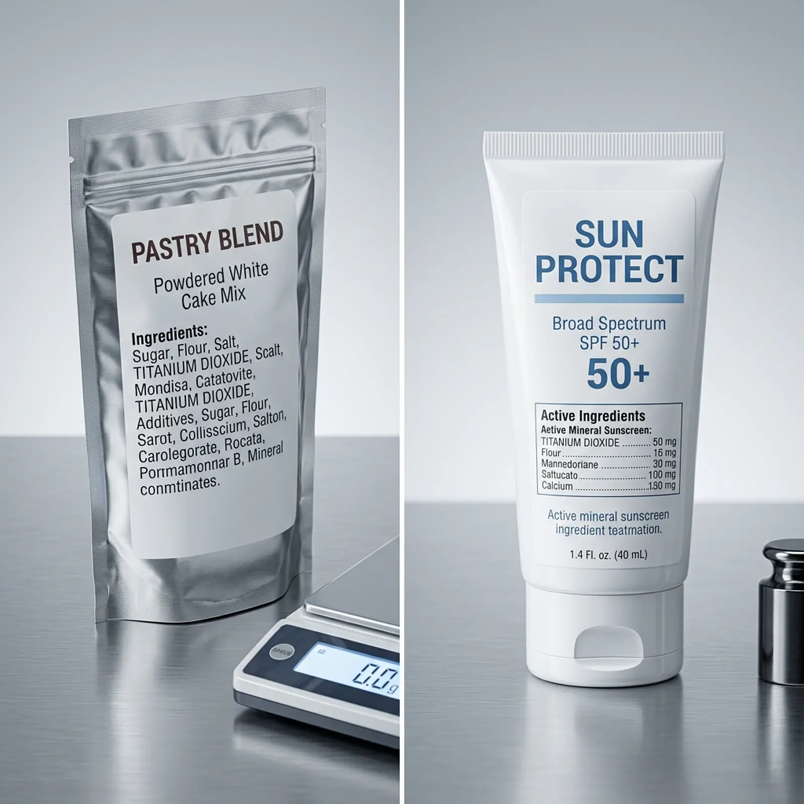 Split, clean studio shot: food packaging labeled titanium dioxide beside a sunscreen bottle.