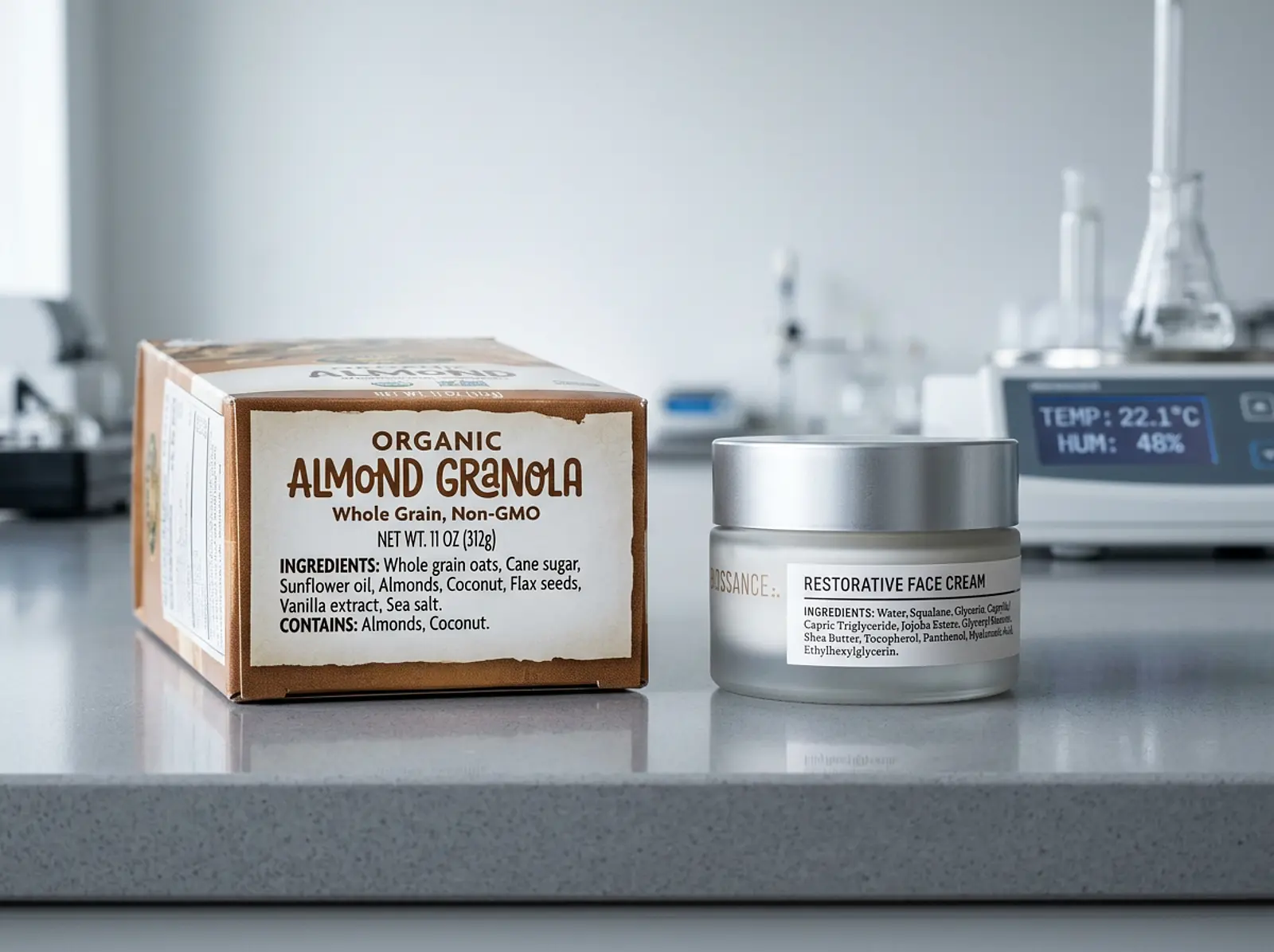 Food package and cosmetic cream jar side by side on a kitchen counter.