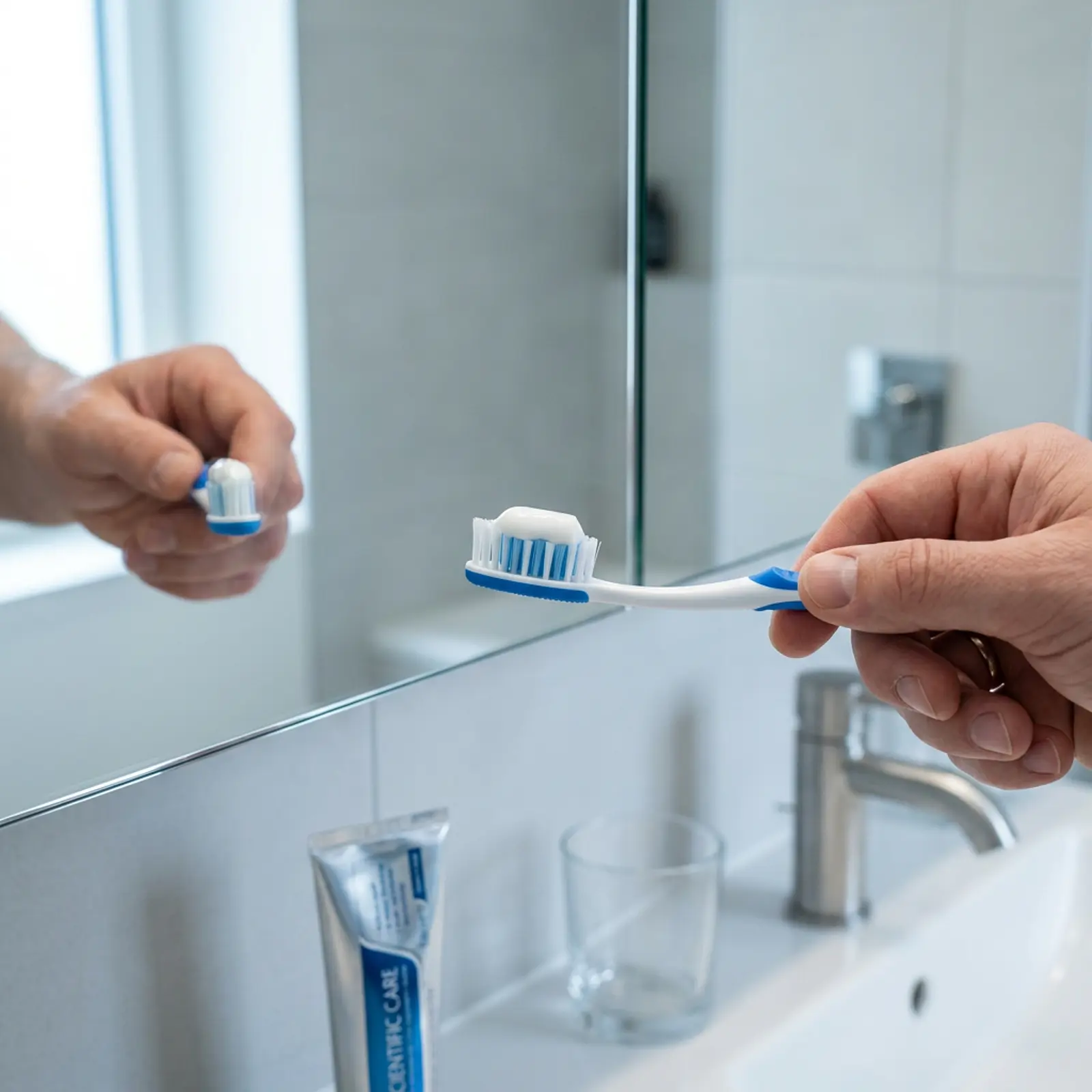 Toothbrush with a small amount of toothpaste on the bristle head in front of a mirror.