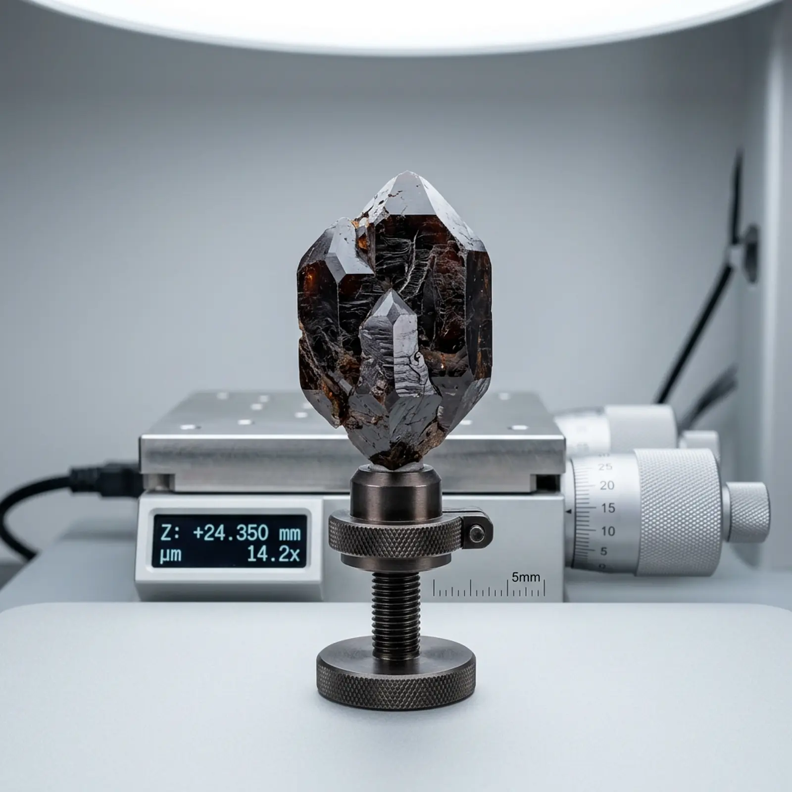 Macro shot of brookite TiO2 crystal with orthorhombic facets on neutral studio background