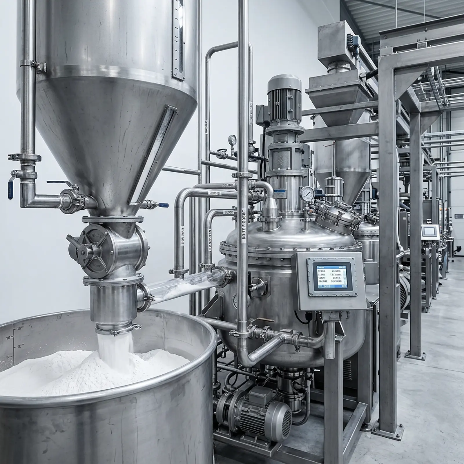 Production line with white pigment containers, industrial equipment, cool lighting