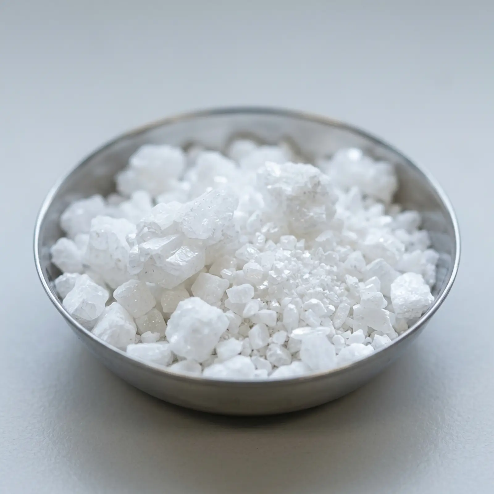 Macro close-up of Rutile TiO2 crystals as white pigment grains on a neutral white-grey background