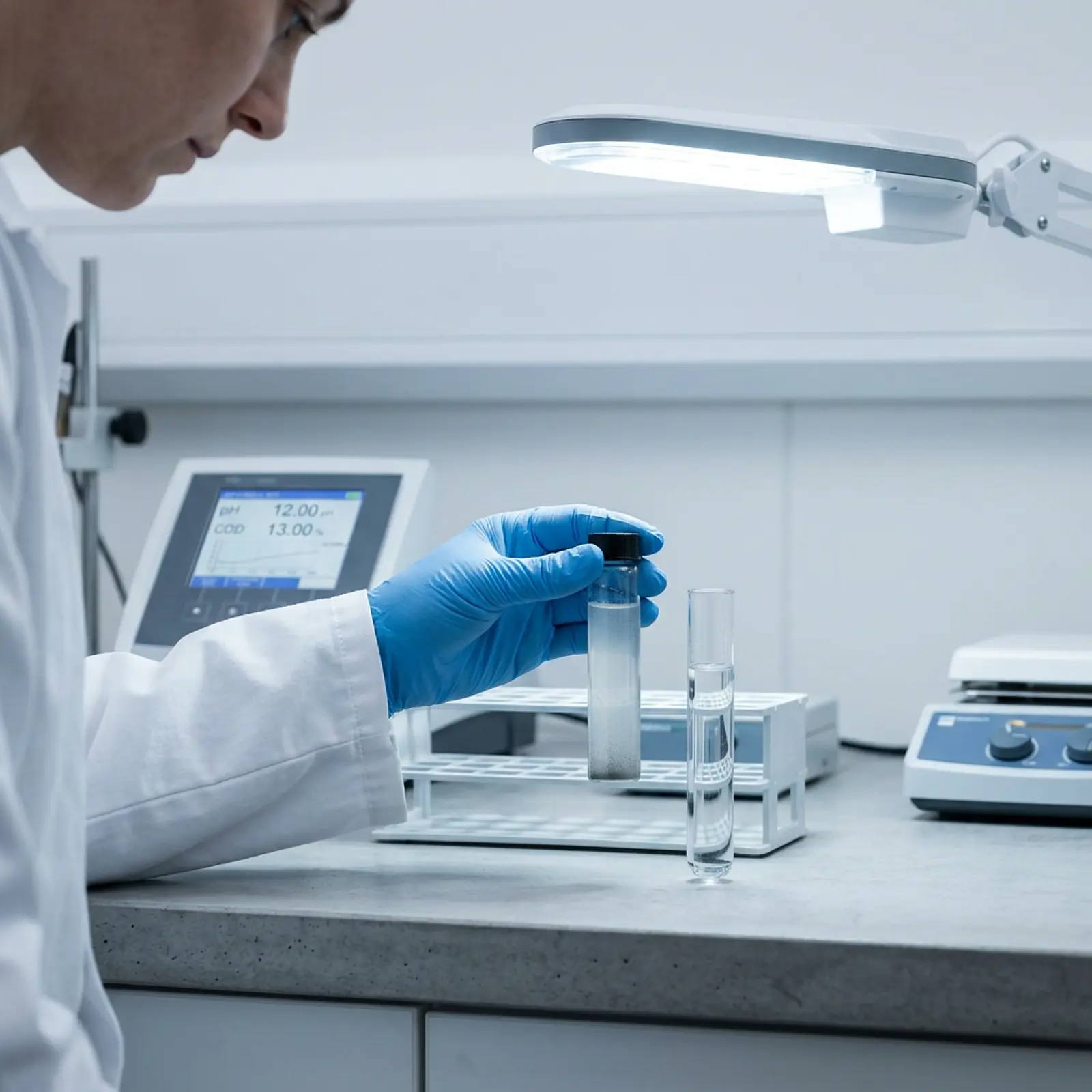 Researchers in an environmental lab: water samples and titanium dioxide dispersion under cool daylight