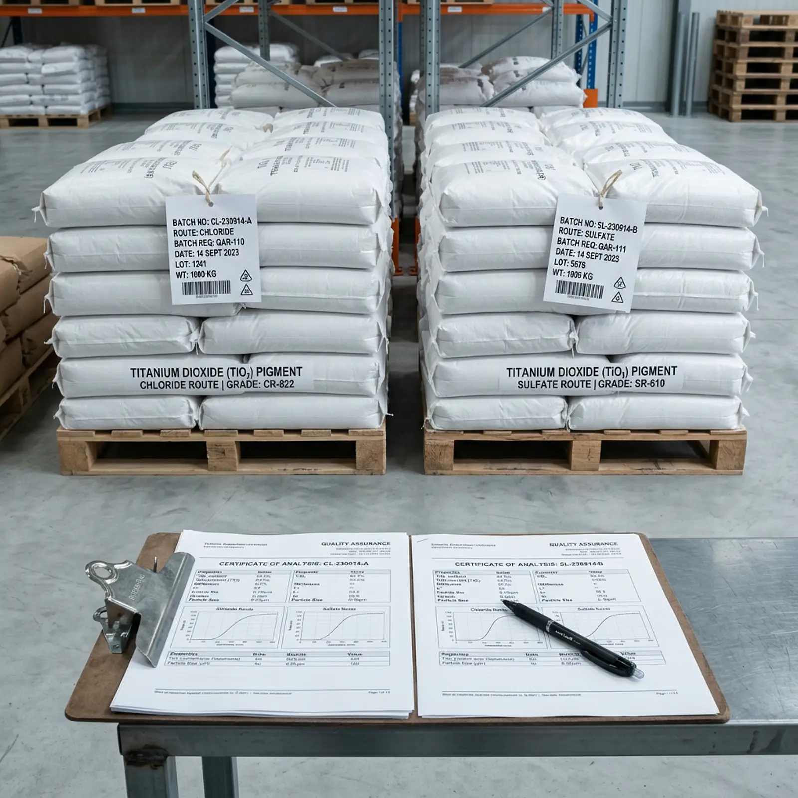 Procurement specialist reviewing stacked pallets of white TiO₂ pigment in a clean warehouse studio setup