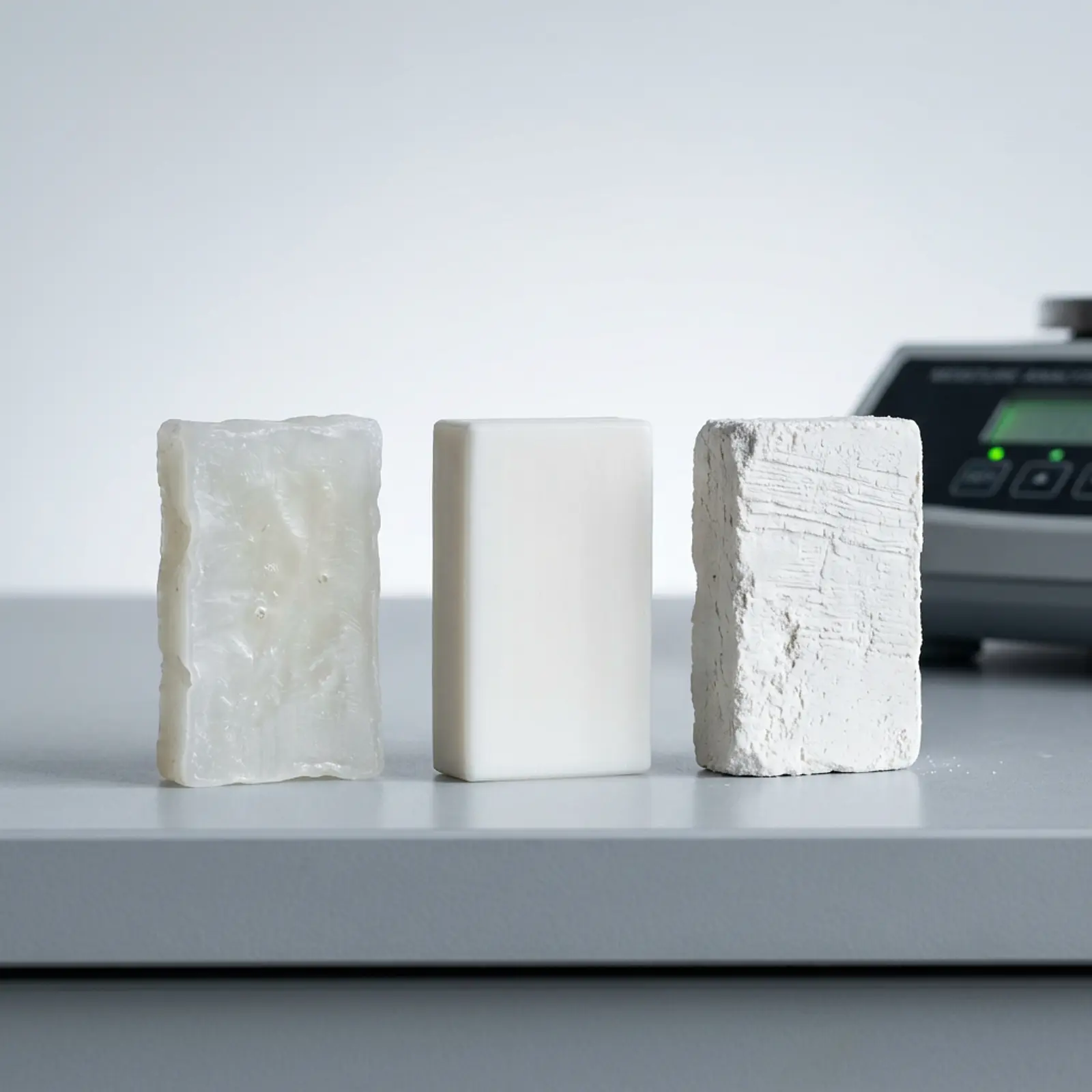 Three soap samples side by side: translucent/irregular; smooth, opaque samples; drag lines
