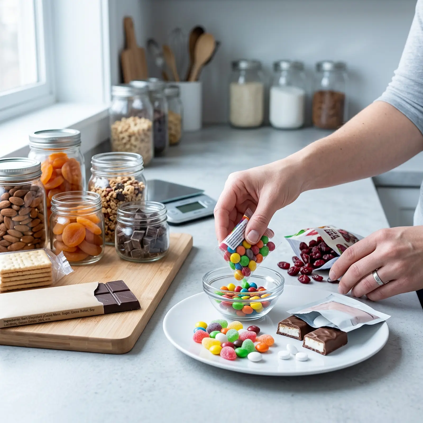 Close-up of pantry selection: label reading, candies, icing, tablets.