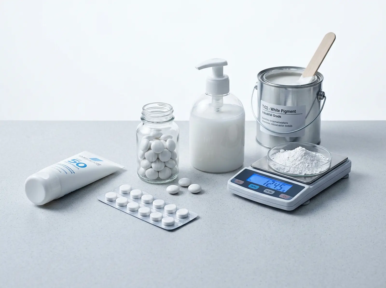 Studio macro shot: everyday white products containing titanium dioxide arranged on a table.