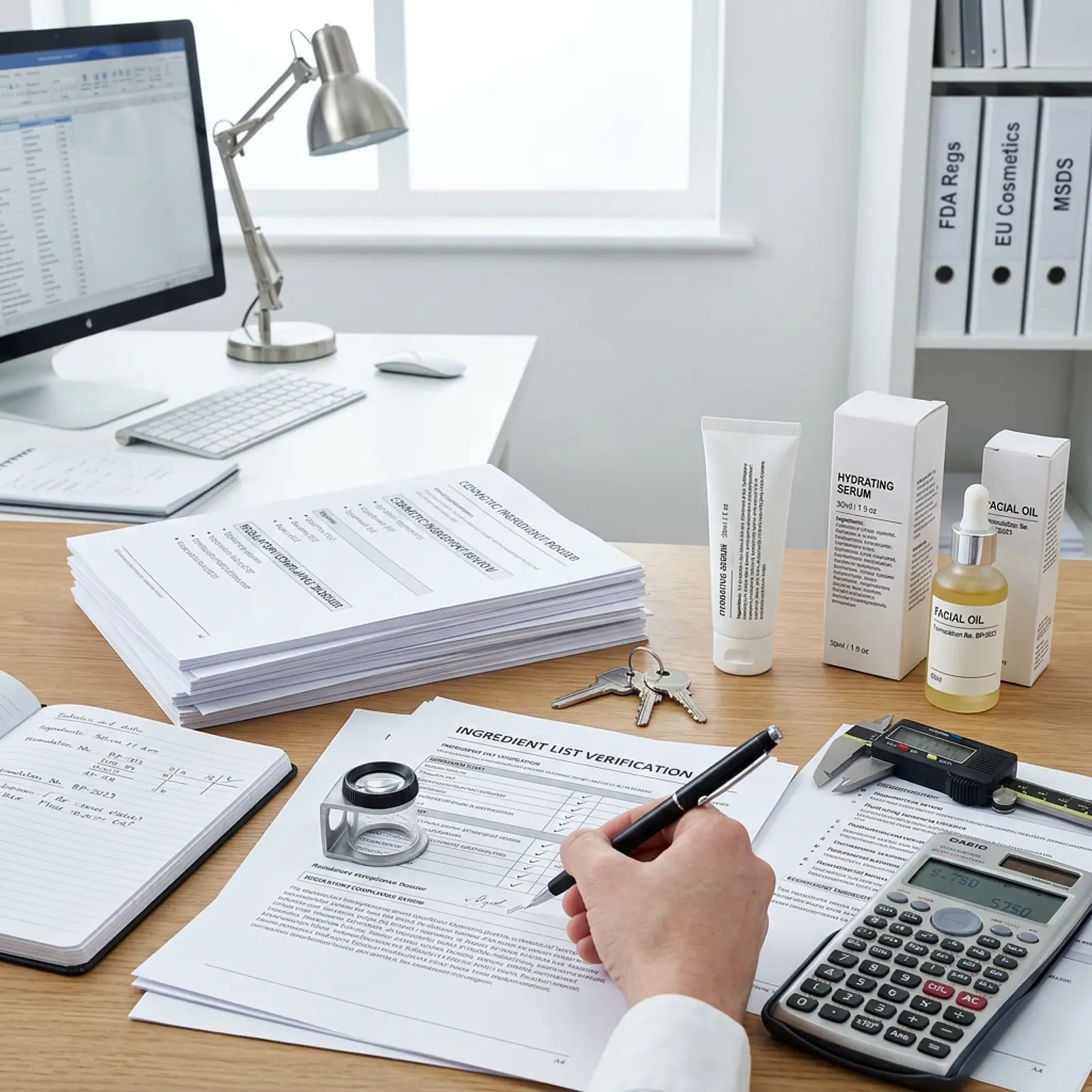 Macro shot: regulatory specialist reviewing cosmetic ingredient lists and packaging.