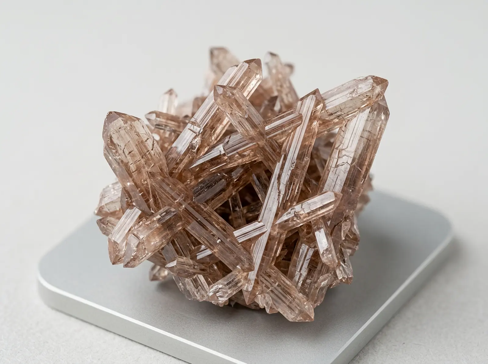 Macro shot of Rutile TiO2 crystals forming a dense tetragonal lattice on a neutral background.