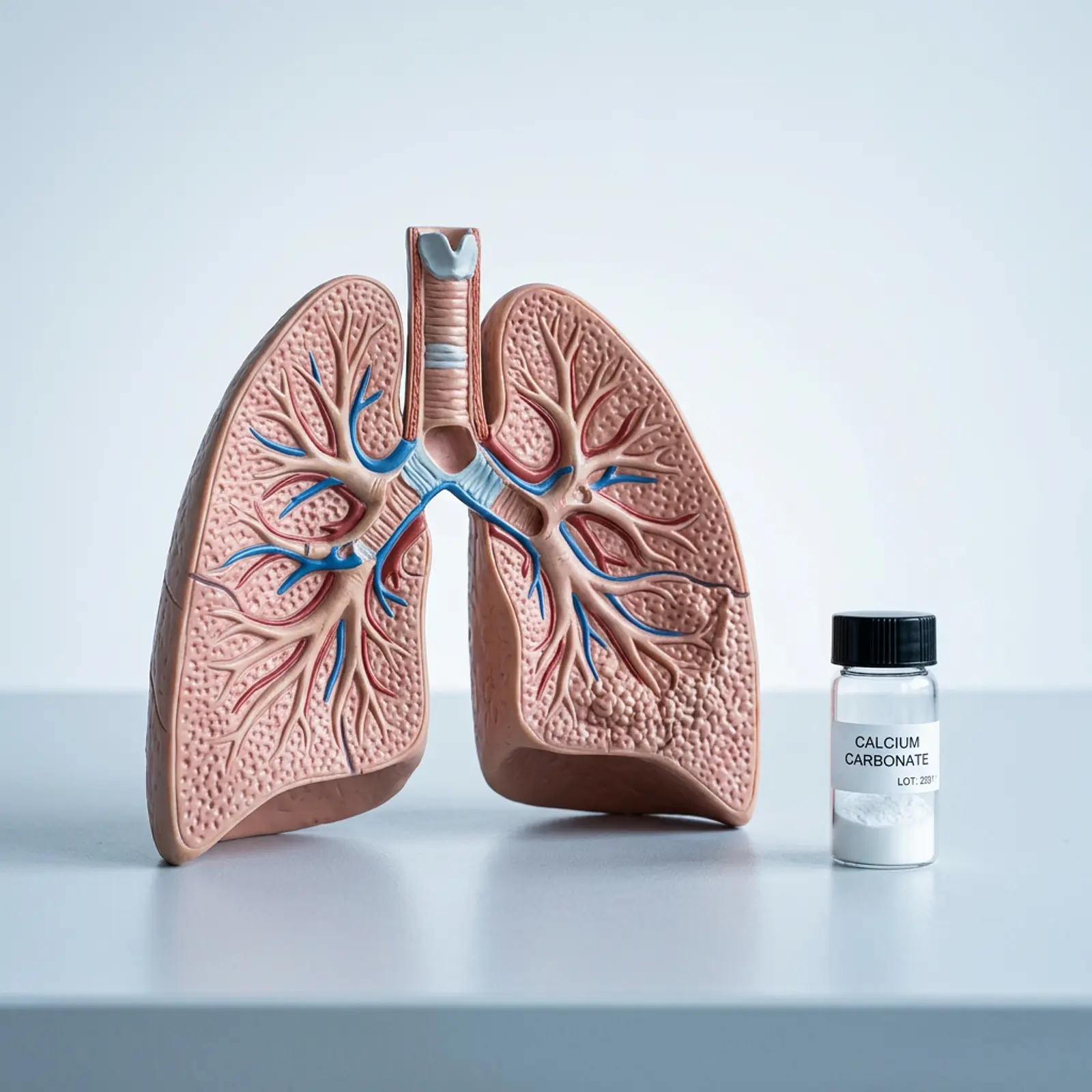 Anatomical lung cross-section model beside a vial of white powder in a clean lab studio photo