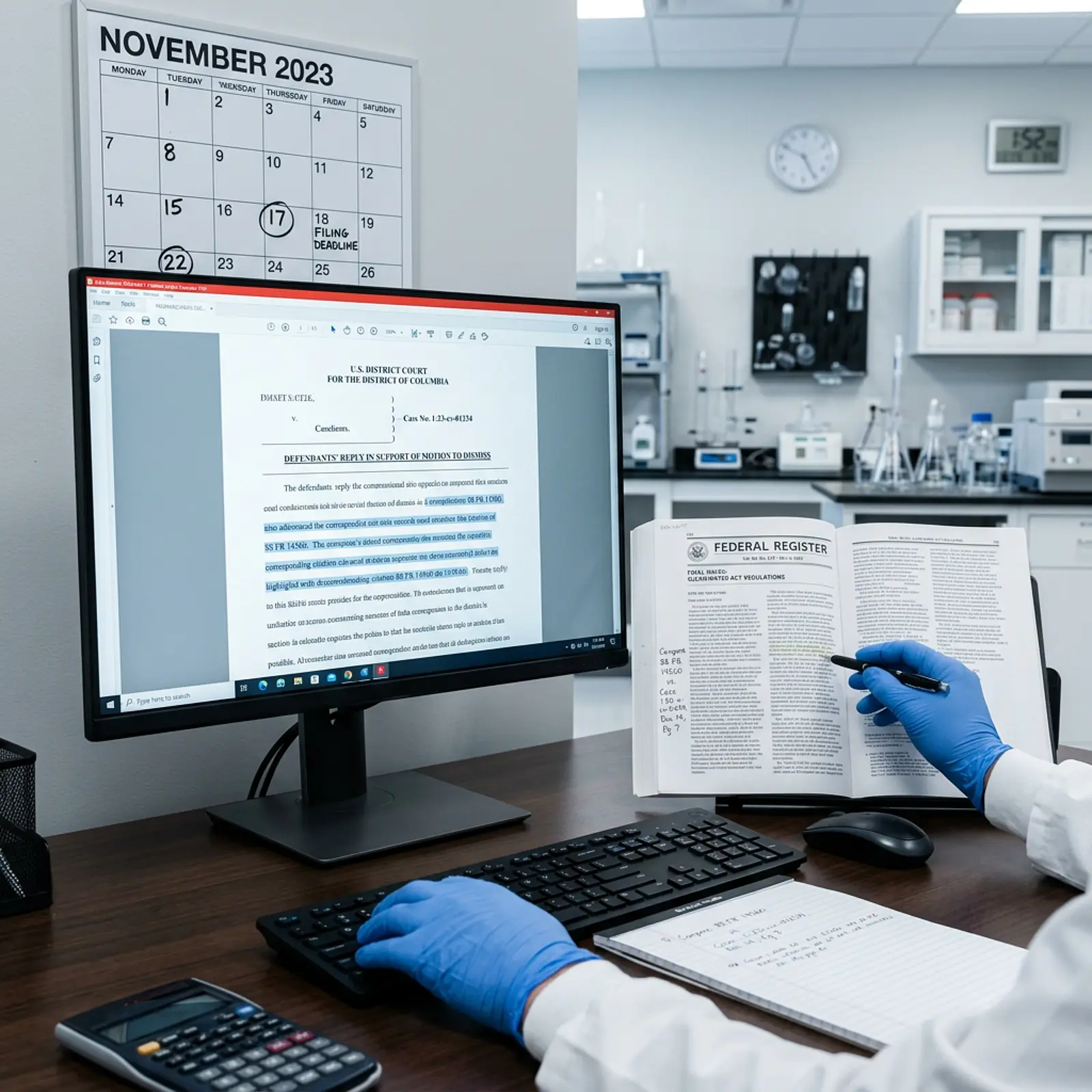 Researcher comparing federal register and court filing beside a marked calendar