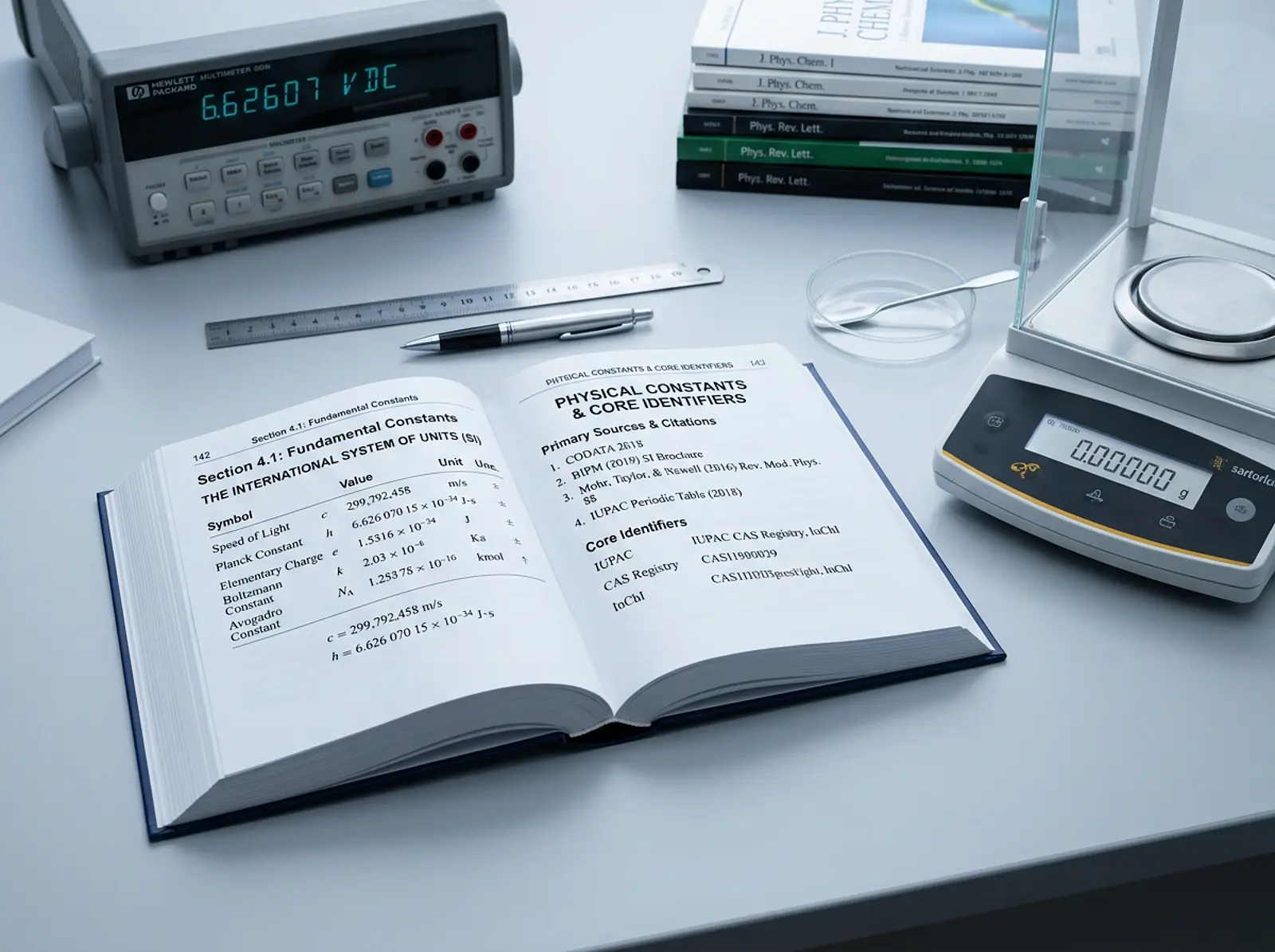 Clean desk with reference books listing core identifiers and constants; primary sources cited.