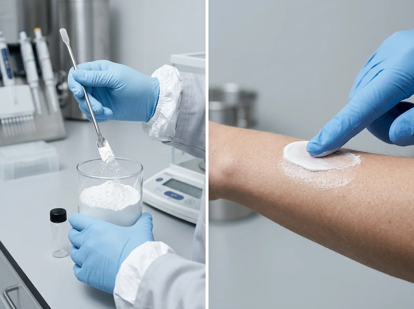 Person wearing protective equipment amid fine white powder in an industrial setting; sunscreen on skin.