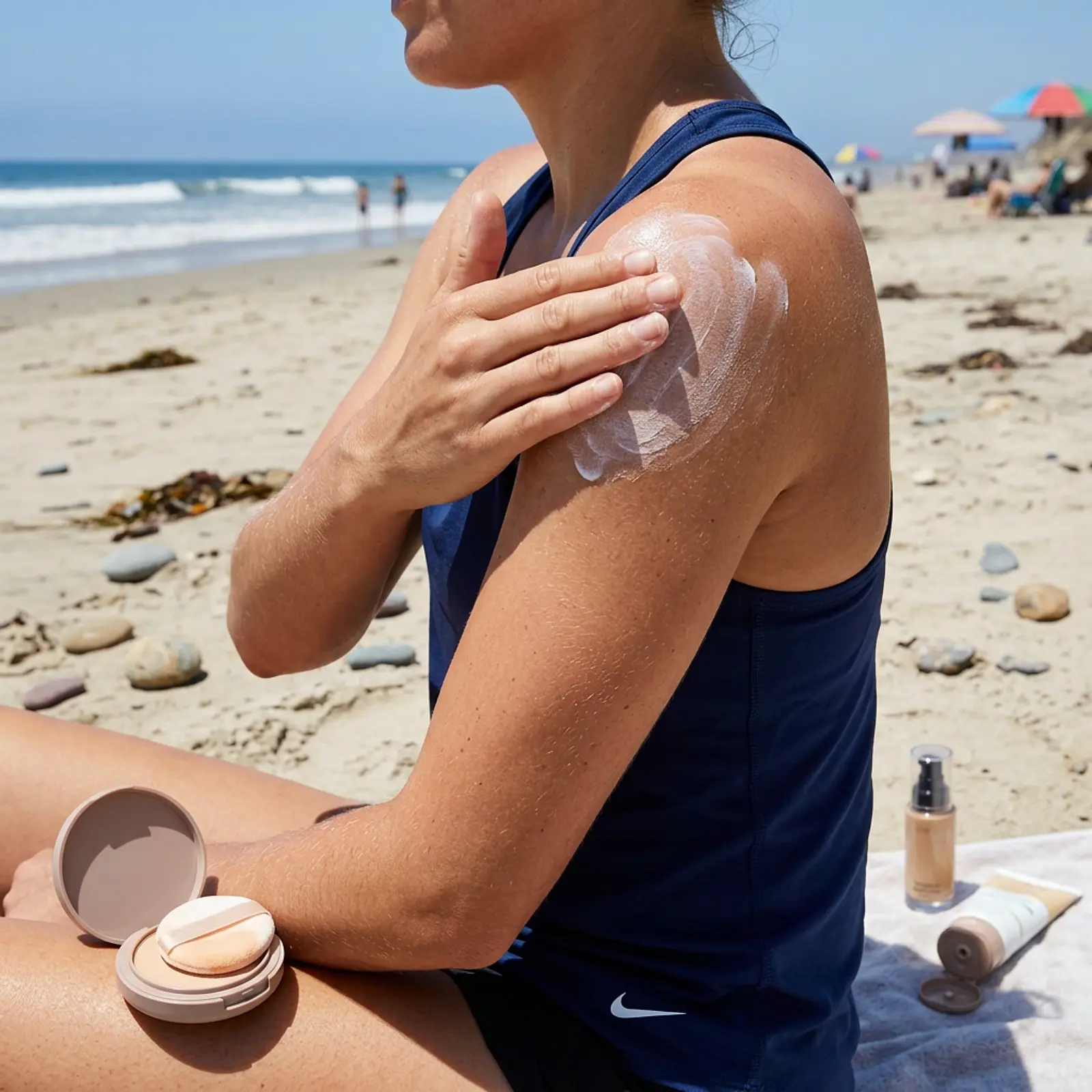 Person applying mineral sunscreen to their shoulder at the beach; powder and foundation compact on a towel.