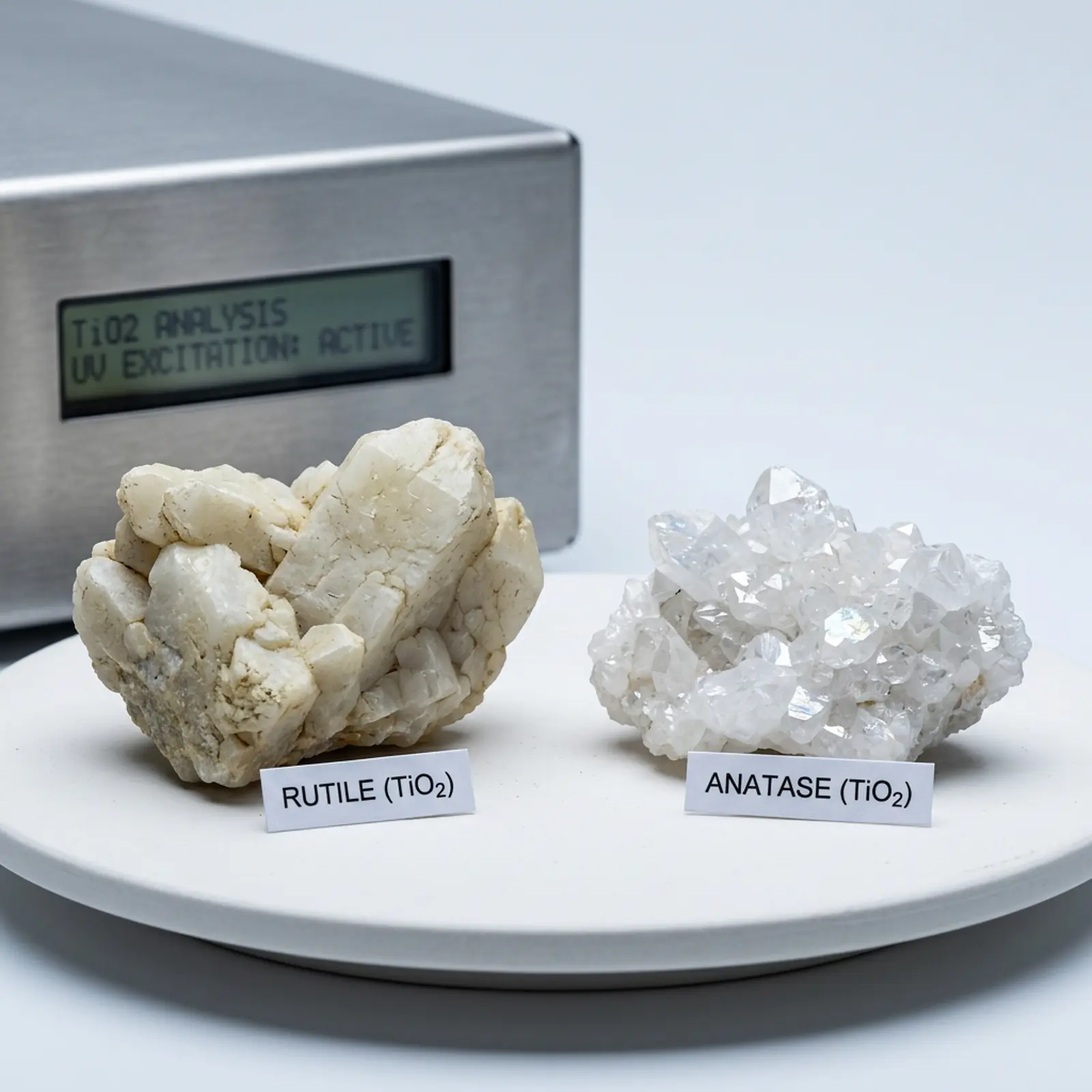 Two titanium dioxide crystals, rutile and anatase, side by side in a clean studio macro.