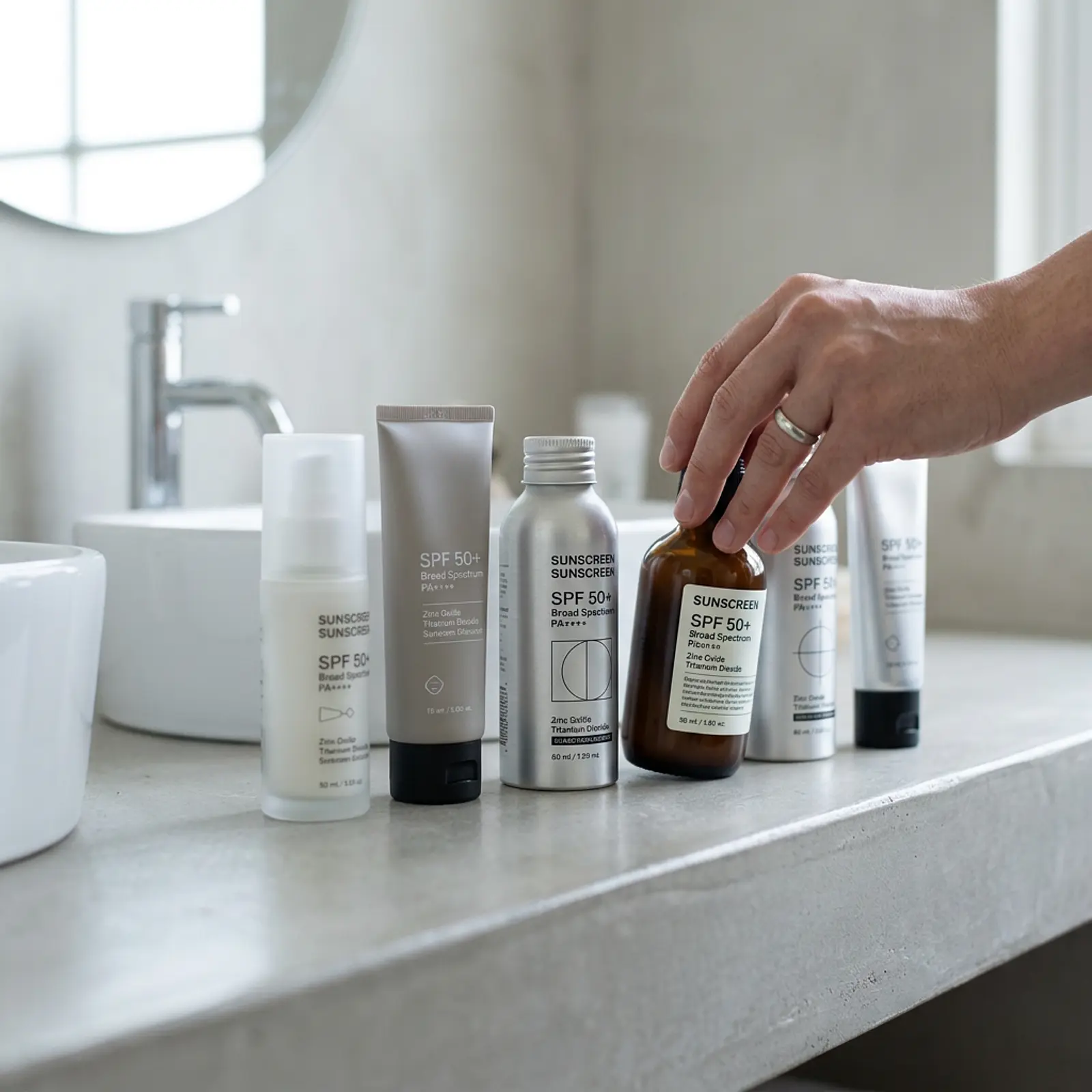 Sunscreen bottles on the bathroom counter, a person selecting one bottle.