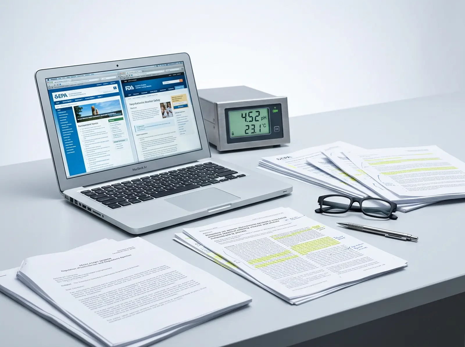 Desk with regulatory assessments, trade journals and a laptop showing agency websites.