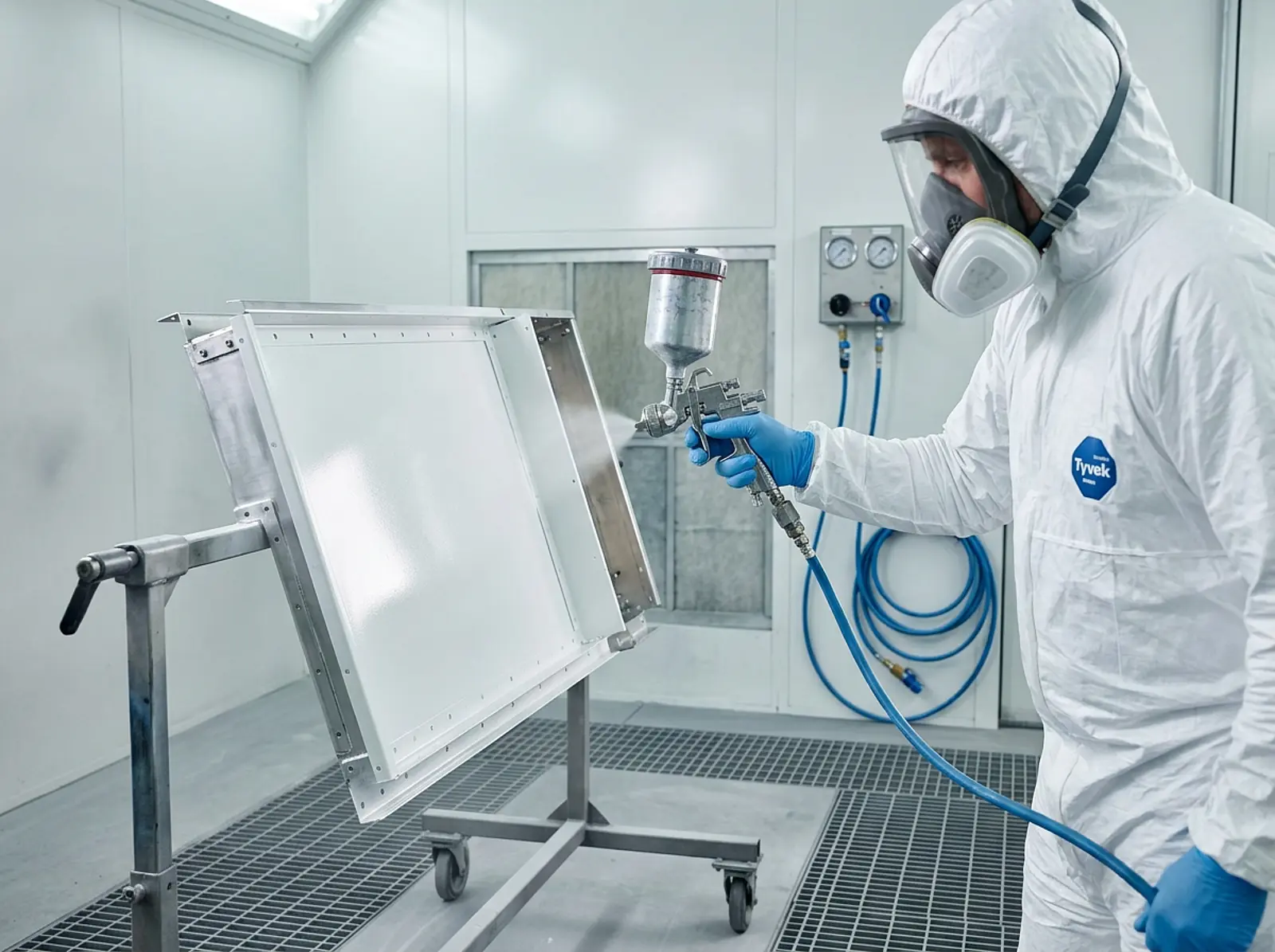 Worker in protective gear spray-paints bright white coating on metal panel in industrial booth