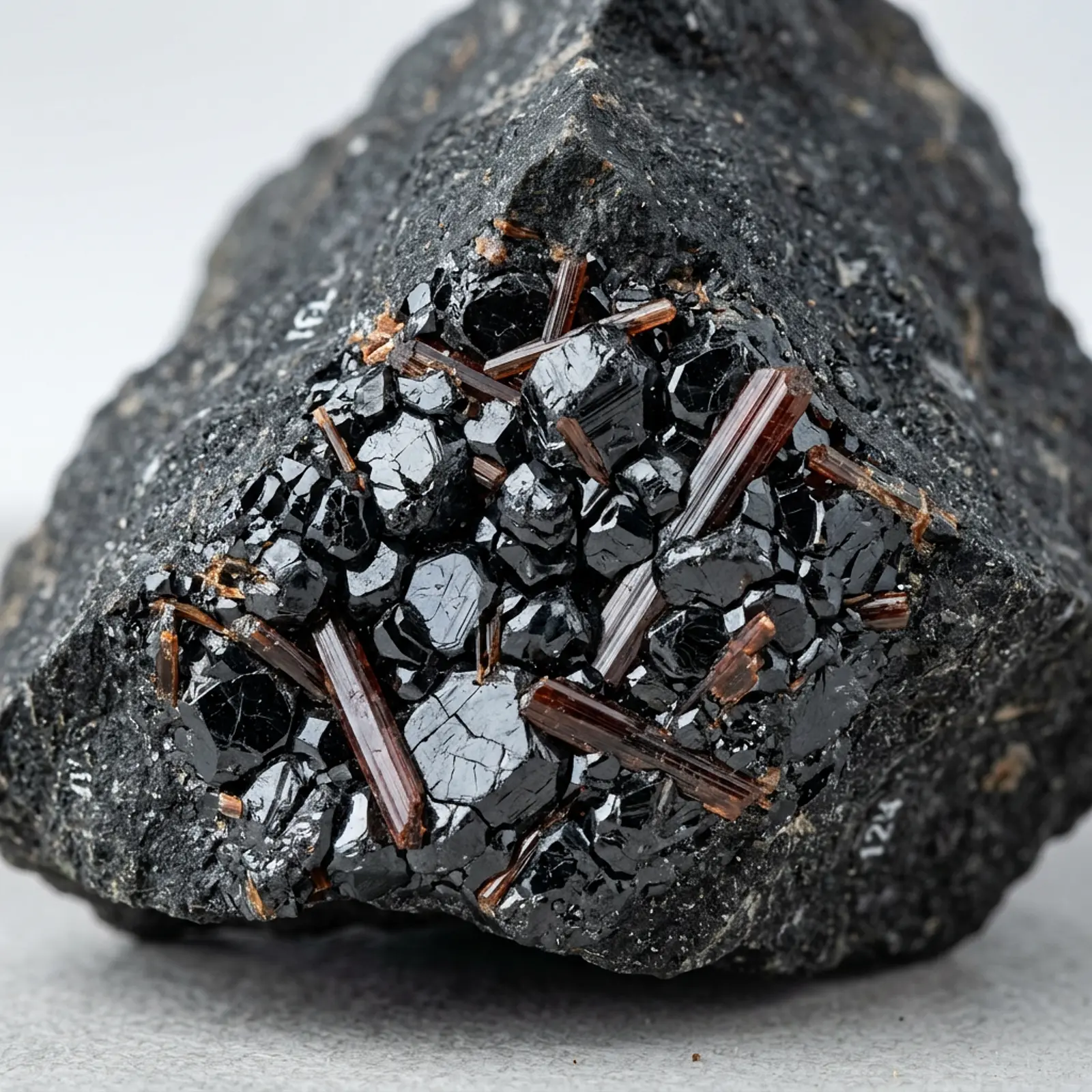 Close-up of ilmenite grains with embedded rutile crystals in dark rock, macro shot.