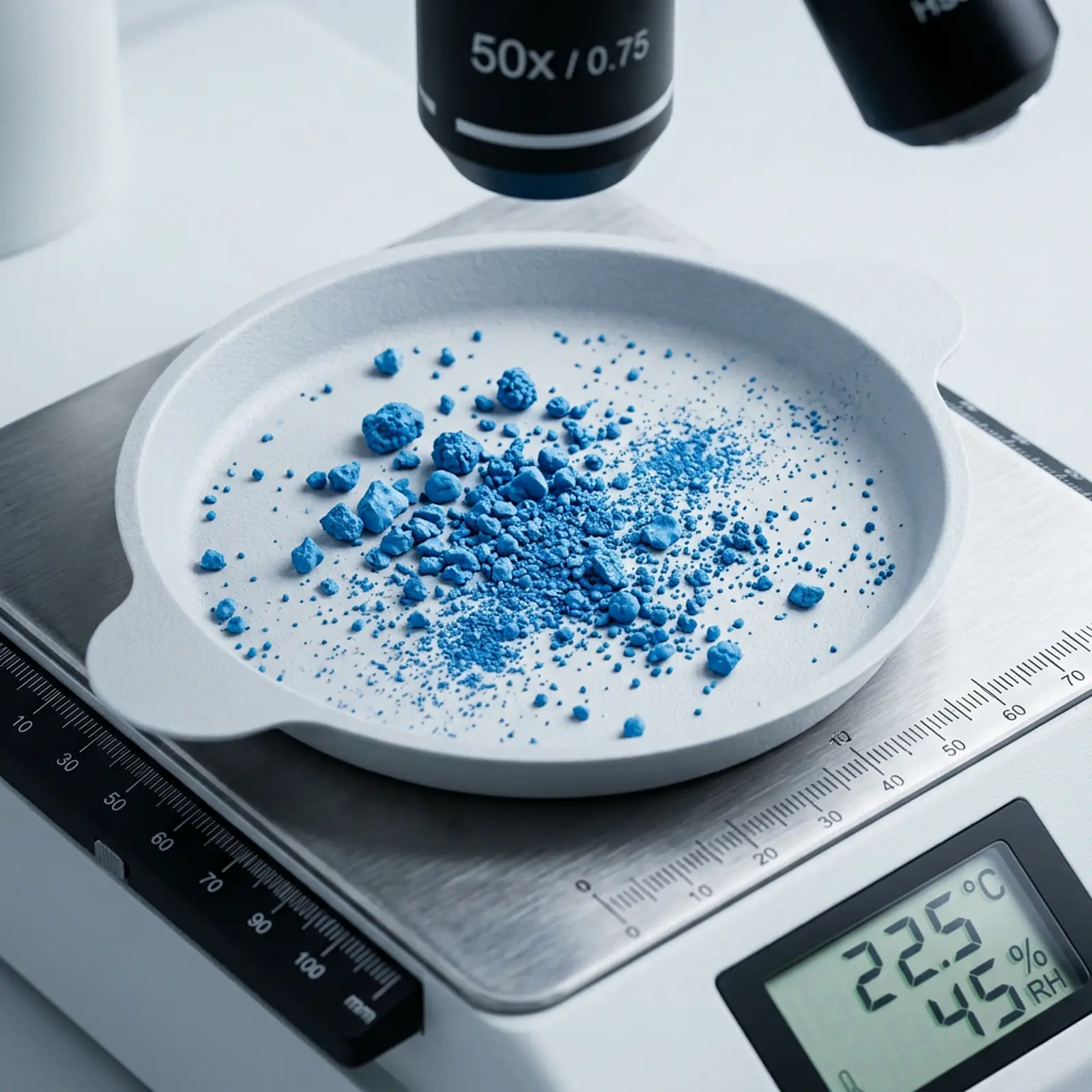 Macro shot of pigment particles of varying sizes against a neutral white-gray studio background.