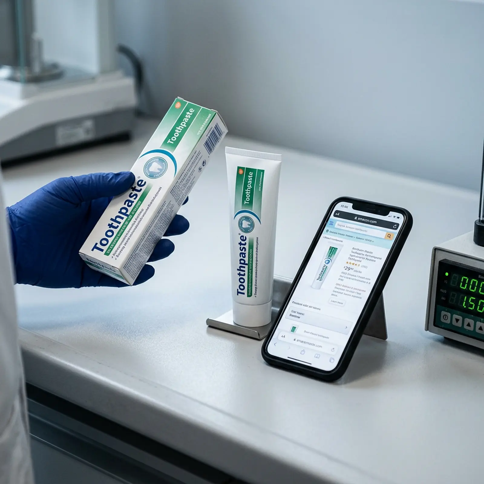 Person checking a toothpaste box against its matching tube at a neutral counter, smartphone visible.
