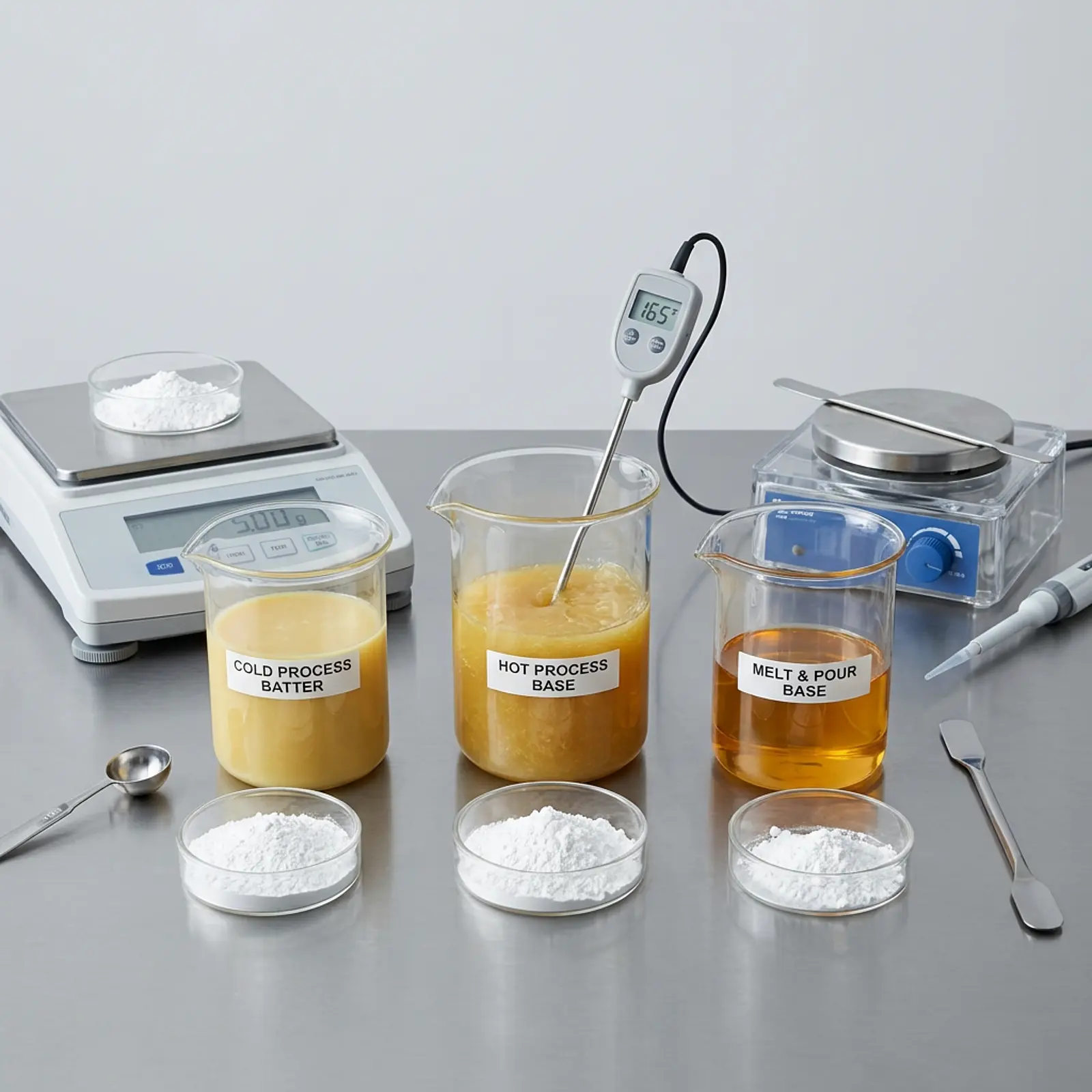 Studio macro shot: titanium dioxide in beakers next to soap mixtures for cold-process, hot-process, and melt-and-pour