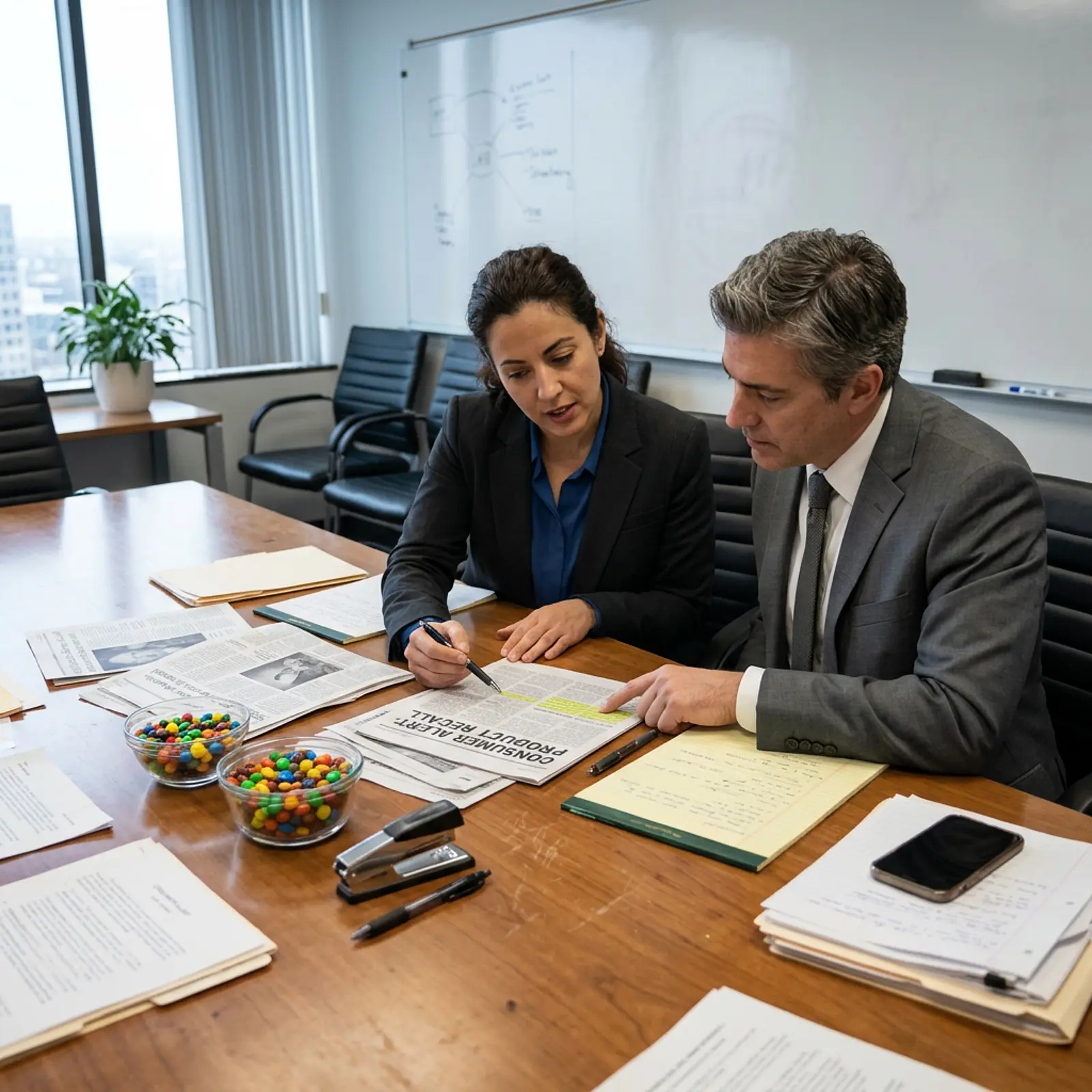 Conference table with legal documents, media clippings and candies; neutral studio setting.