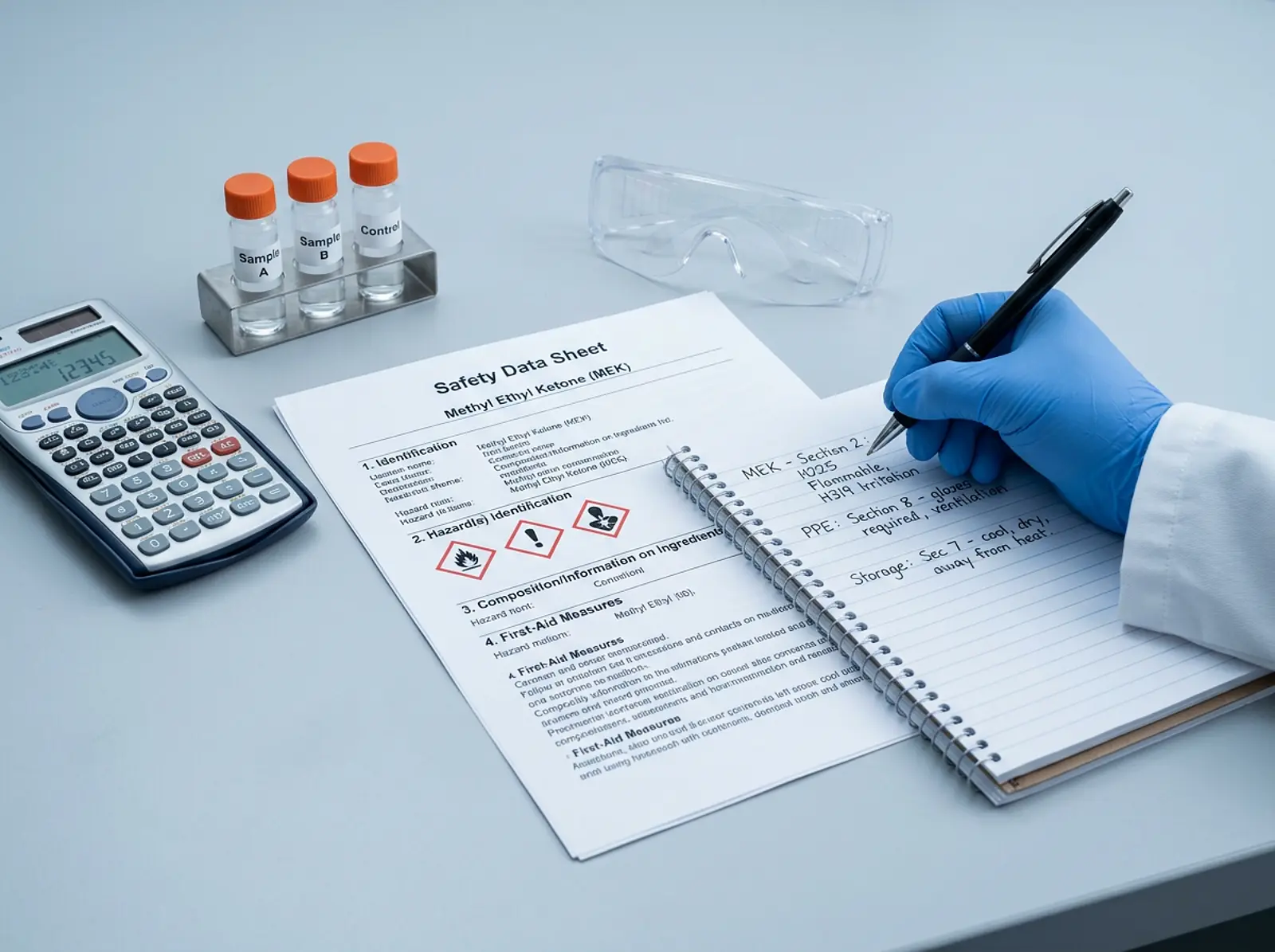 Safety data sheet on desk with handwritten notes, scientific industrial studio macro photo